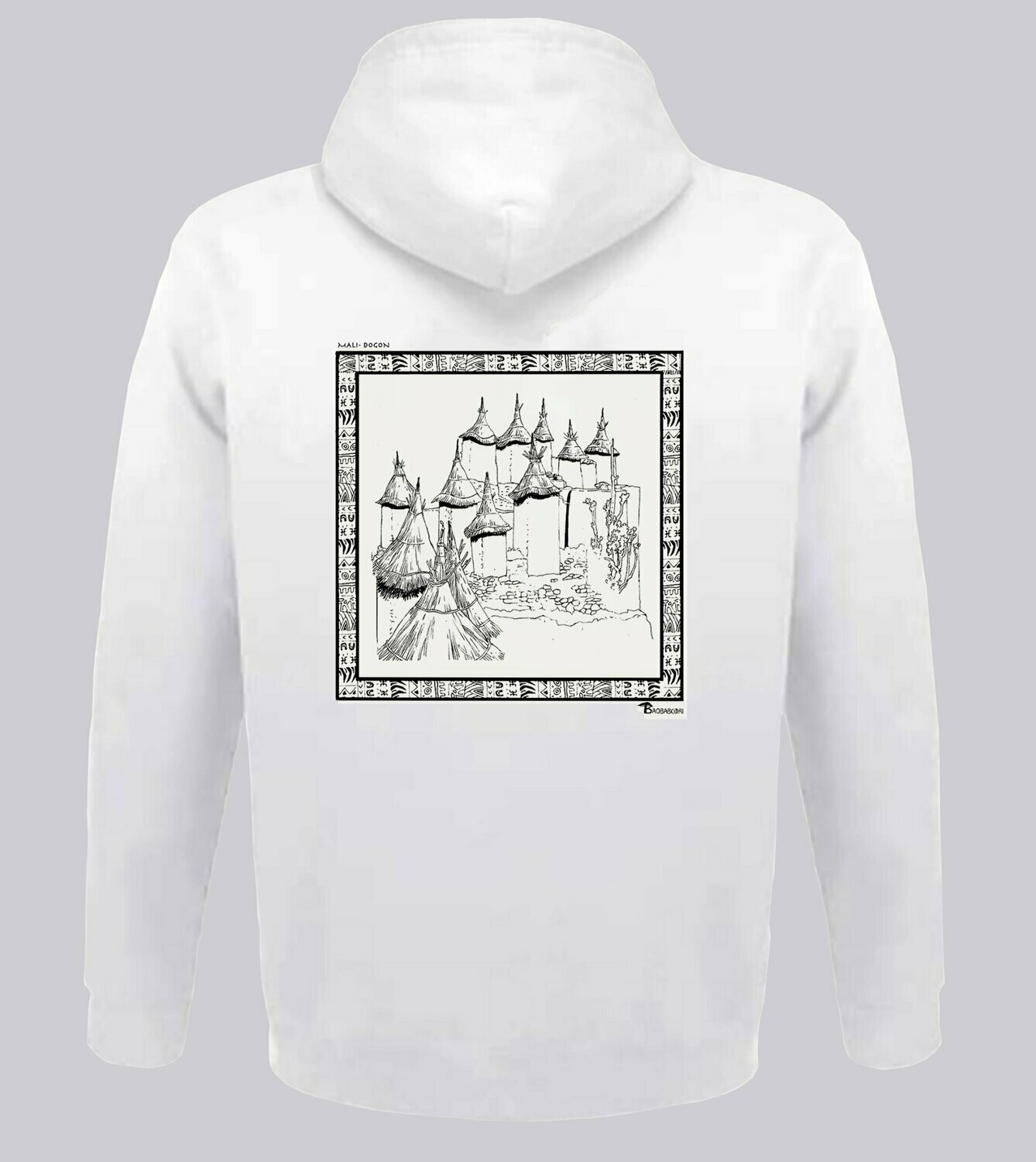 SWEAT A CAPUCHE  ARCHITECTURE DOGON MALI, COULEUR: BLANC, FOND MOTIF: BLANC, TAILLE: XXL