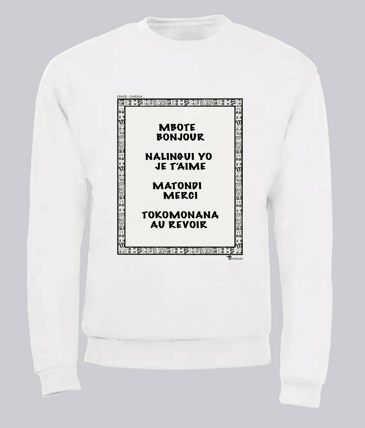 SWEAT LANGUE LINGALA, COULEUR: BLANC, FOND MOTIF: BLANC, TAILLE: XXL