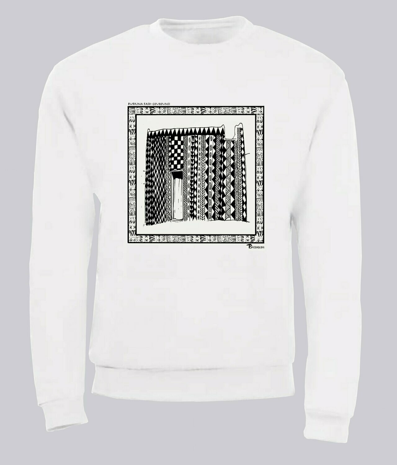 SWEAT ARCHITECTURE GOUROUNSI BURKINA FASO, COULEUR: BLANC, FOND MOTIF: BLANC, TAILLE: XXL