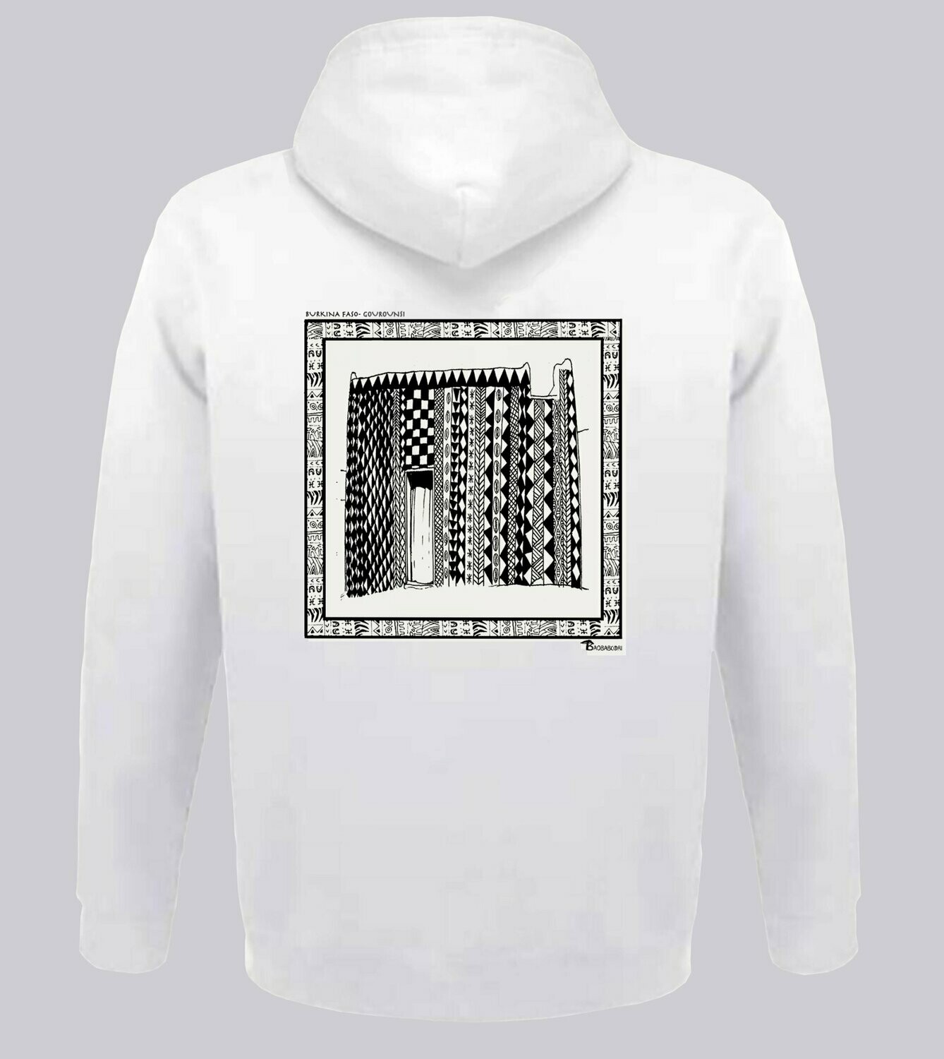 SWEAT A CAPUCHE ARCHITECTURE GOUROUNSI BURKINA FASO, COULEUR: BLANC, FOND MOTIF: BLANC, TAILLE: XXL