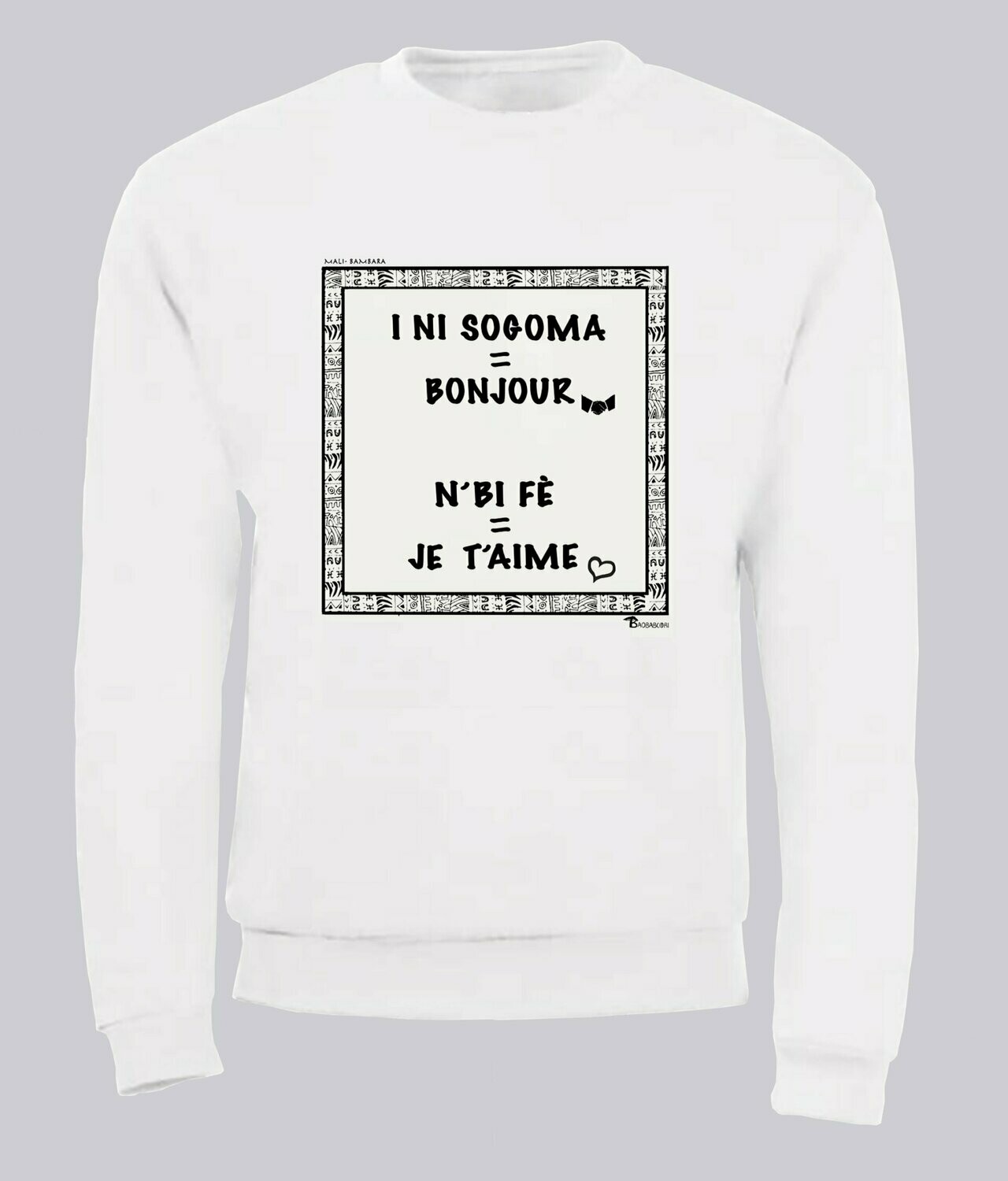 SWEAT LANGUE BAMBARA, COULEUR: BLANC, FOND MOTIF: BLANC, TAILLE: XXL