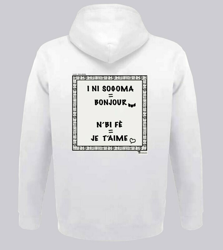 SWEAT A CAPUCHE  LANGUE BAMBARA, COULEUR: BLANC, FOND MOTIF: BLANC, TAILLE: XXL