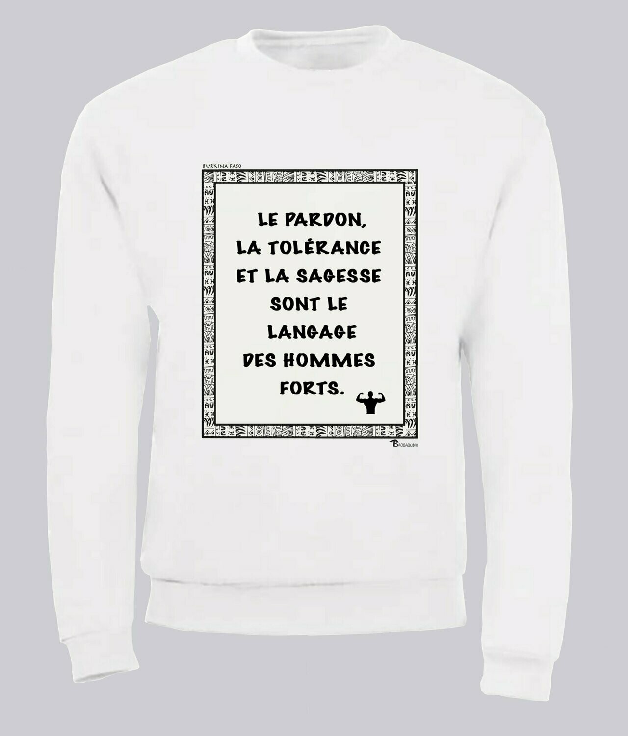 SWEAT PROVERBE ET CITATION BURKINA FASO HOMMES FORTS, COULEUR: BLANC, FOND MOTIF: BLANC, TAILLE: XXL