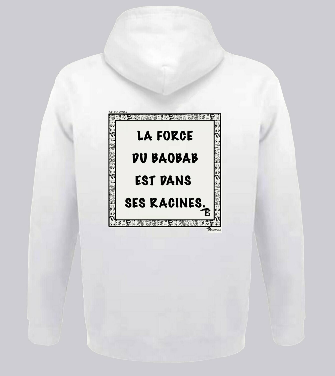 SWEAT A CAPUCHE  PROVERBE ET CITATION CONGO BAOBAB, COULEUR: BLANC, FOND MOTIF: BLANC, TAILLE: XXL