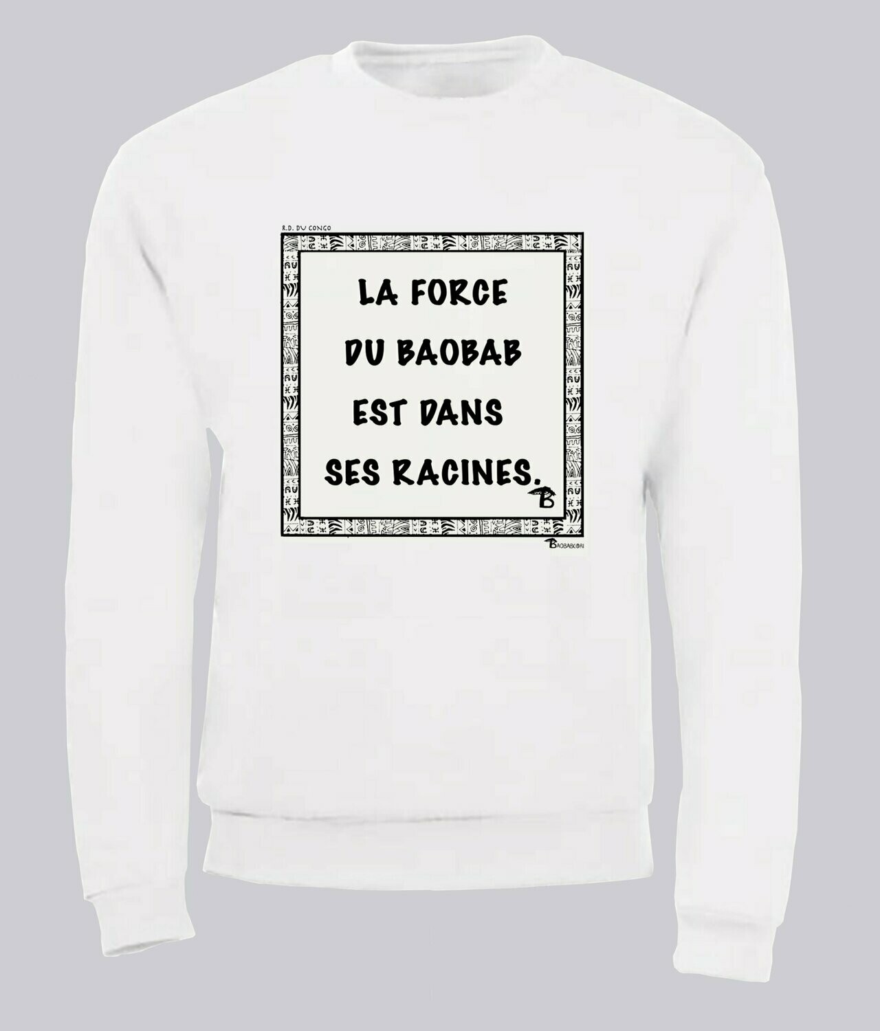 SWEAT PROVERBE ET CITATION CONGO BAOBAB, COULEUR: BLANC, FOND MOTIF: BLANC, TAILLE: XXL
