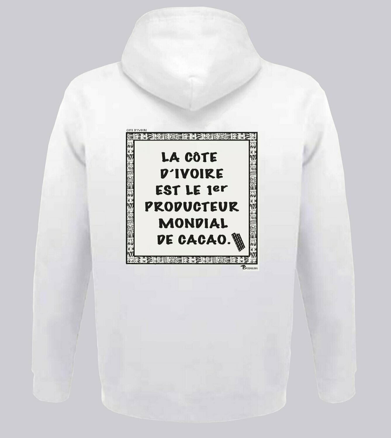 SWEAT A CAPUCHE  ECONOMIE CÔTE D'IVOIRE CACAO, COULEUR: BLANC, FOND MOTIF: BLANC, TAILLE: XXL