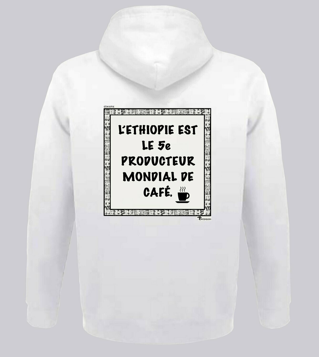 SWEAT A CAPUCHE  ECONOMIE ETHIOPIE CAFE, COULEUR: BLANC, FOND MOTIF: BLANC, TAILLE: XXL