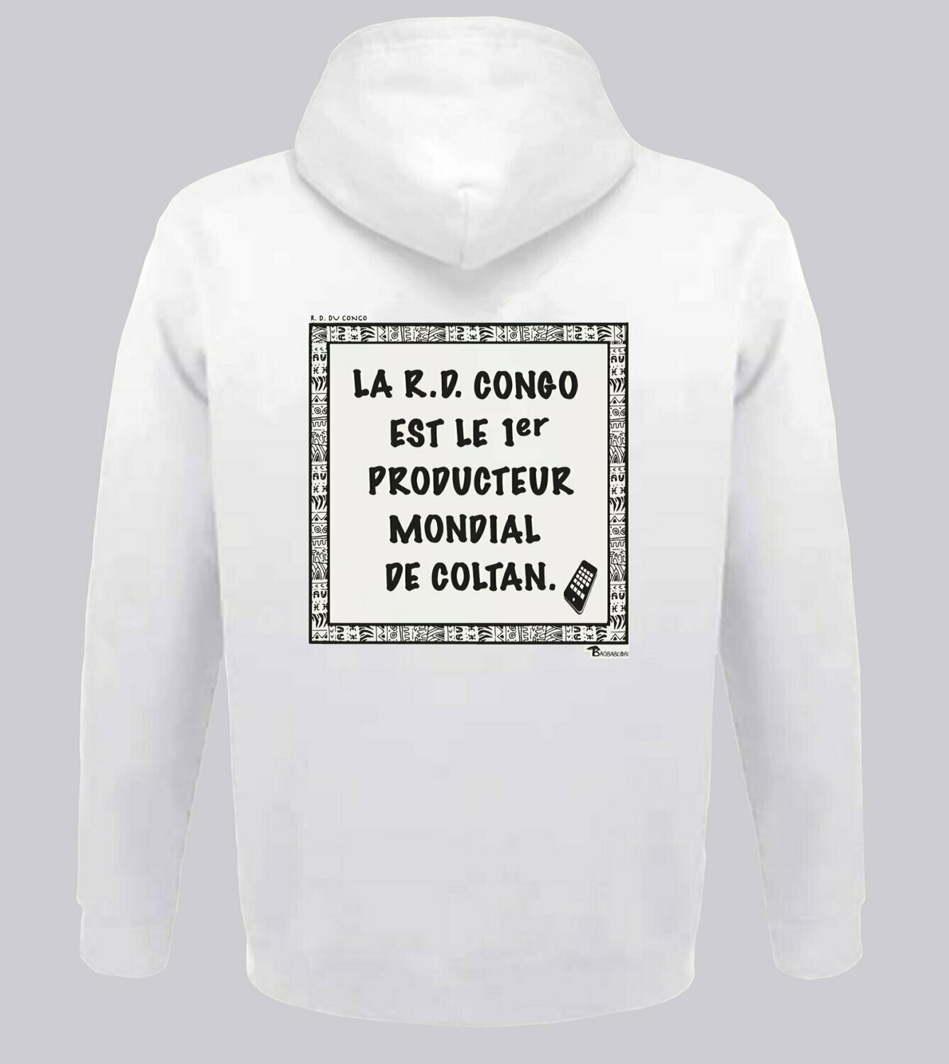 SWEAT A CAPUCHE  ECONOMIE RDC CONGO COLTAN, COULEUR: BLANC, FOND MOTIF: BLANC, TAILLE: XXL