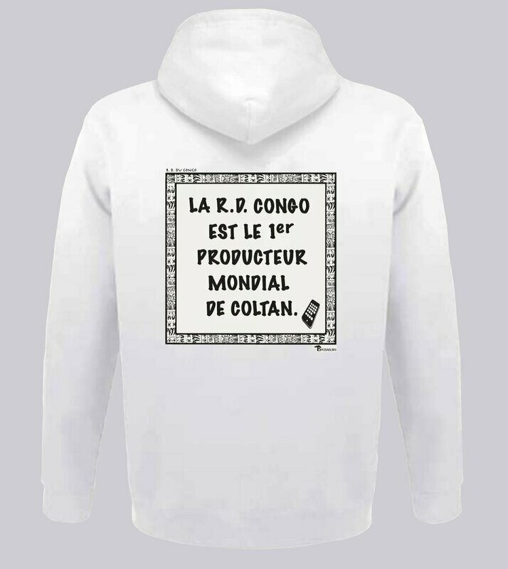 SWEAT A CAPUCHE  ECONOMIE RDC CONGO COLTAN, COULEUR: BLANC, FOND MOTIF: BLANC, TAILLE: XXL