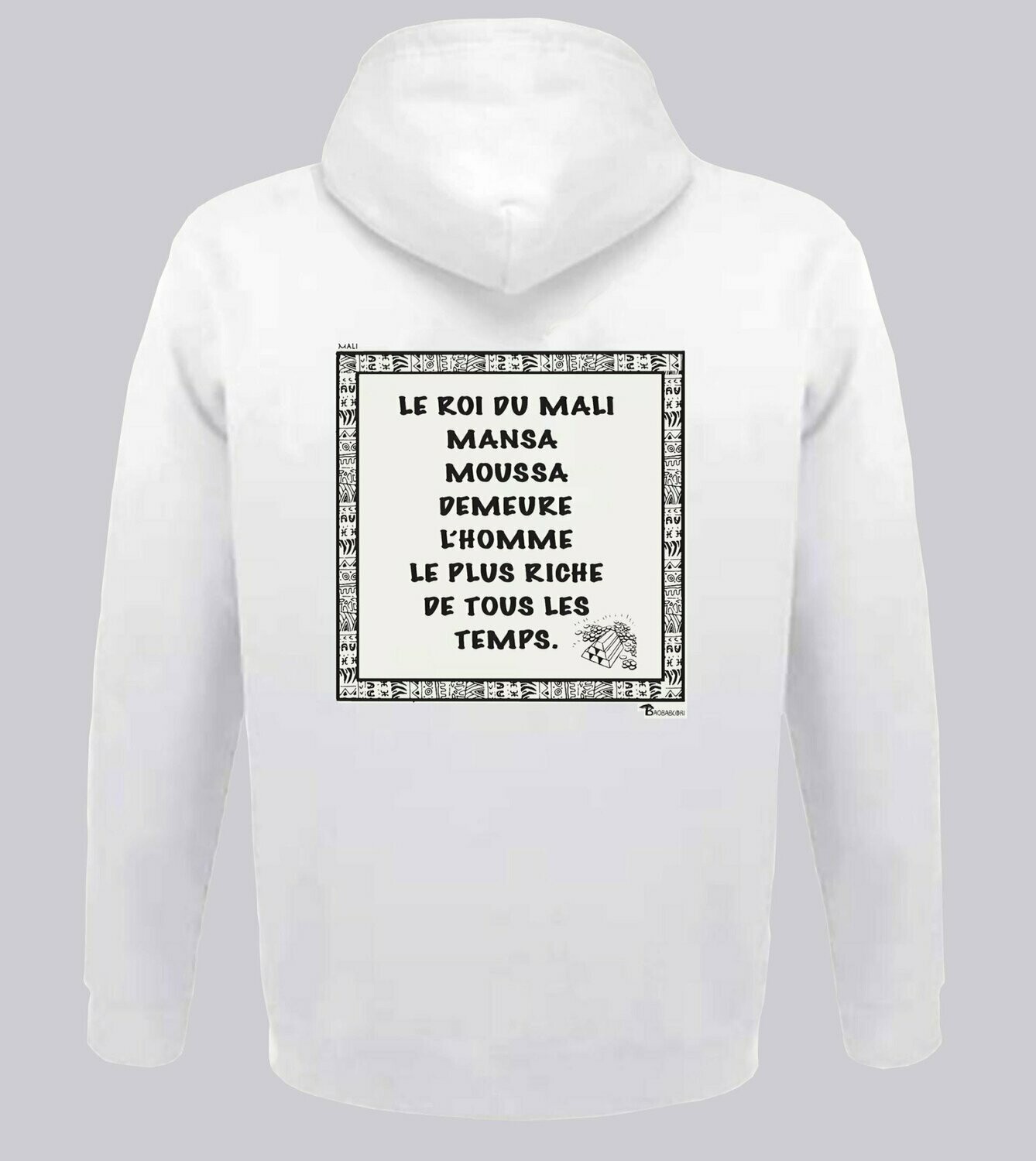 SWEAT A CAPUCHE   ECONOMIE MALI MANSA MOUSSA, COULEUR: BLANC, FOND MOTIF: BLANC, TAILLE: XXL