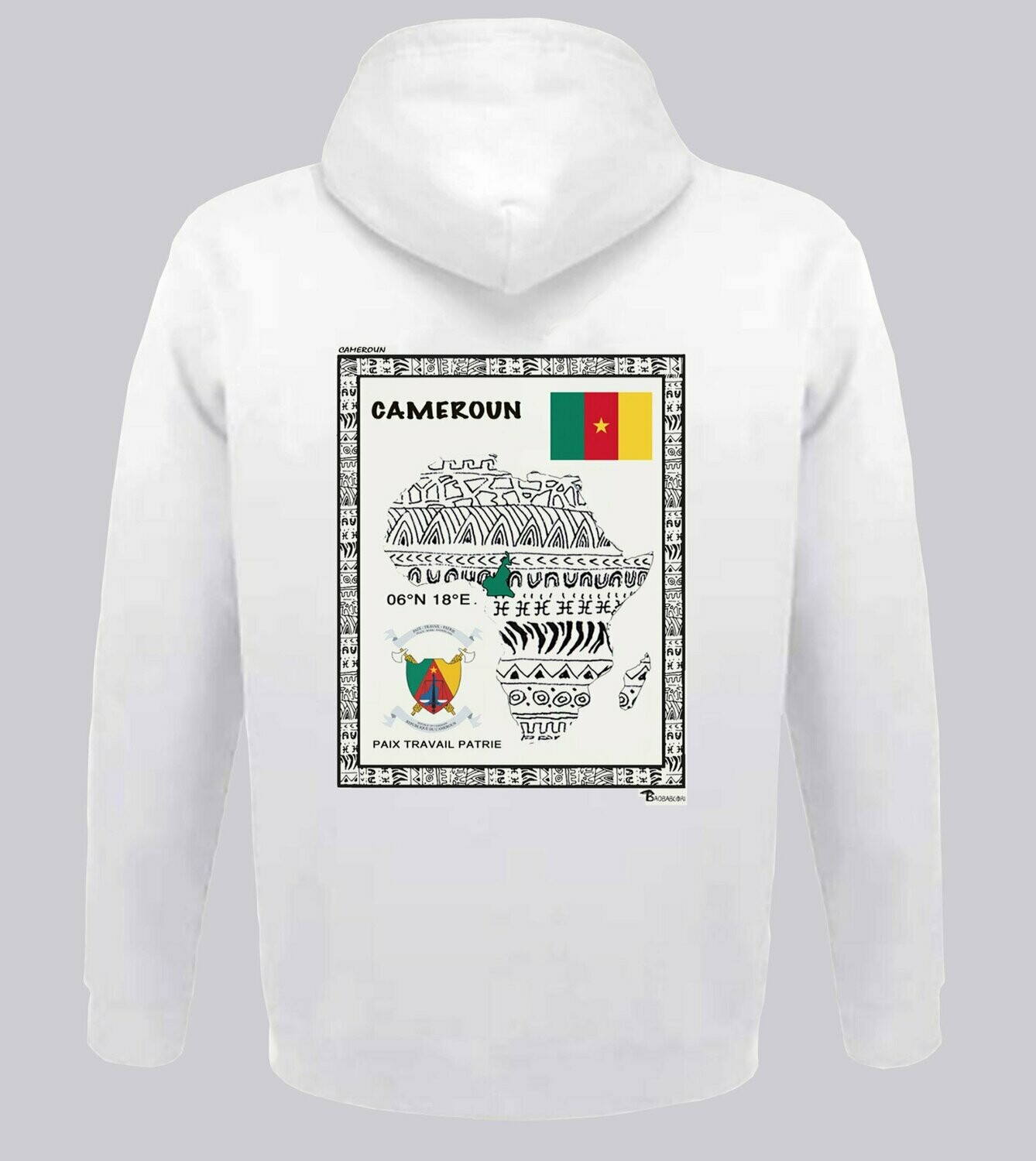 SWEAT A CAPUCHE  PAYS CAMEROUN, COULEUR: BLANC, FOND MOTIF: BLANC, TAILLE: XXL