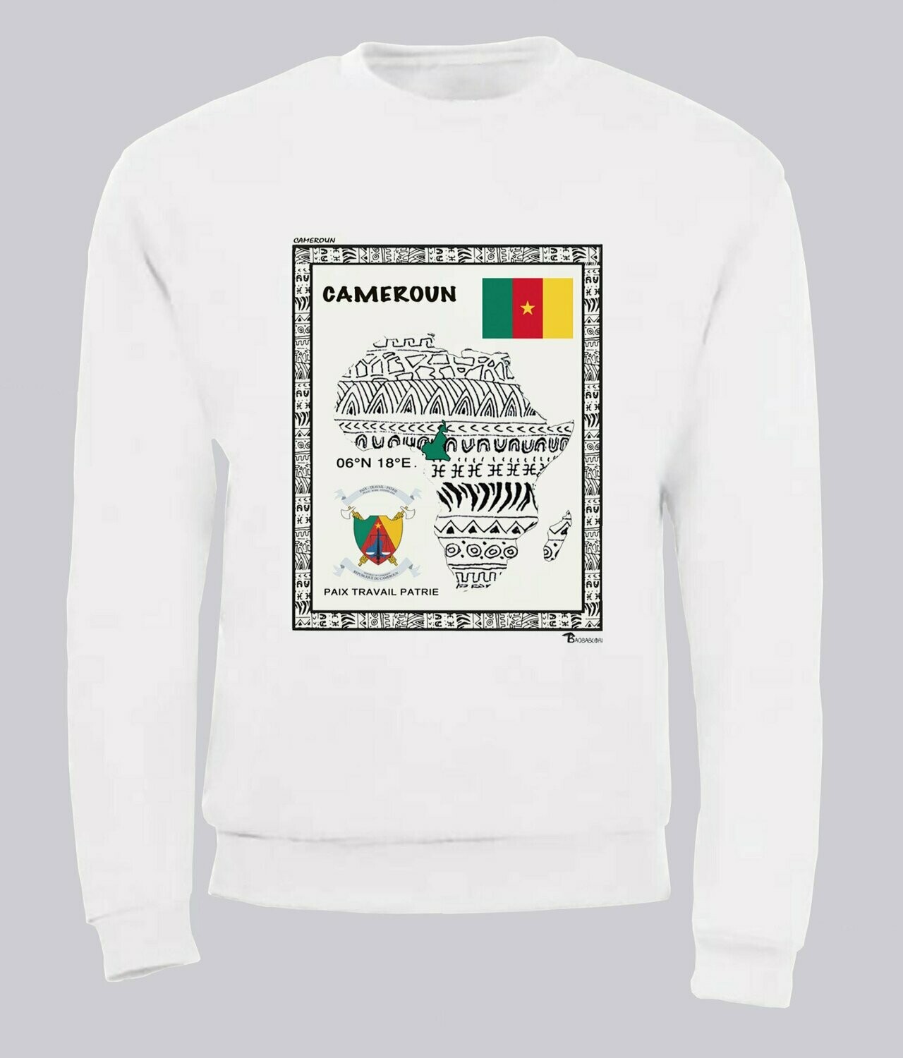SWEAT PAYS CAMEROUN, COULEUR: BLANC, FOND MOTIF: BLANC, TAILLE: XXL