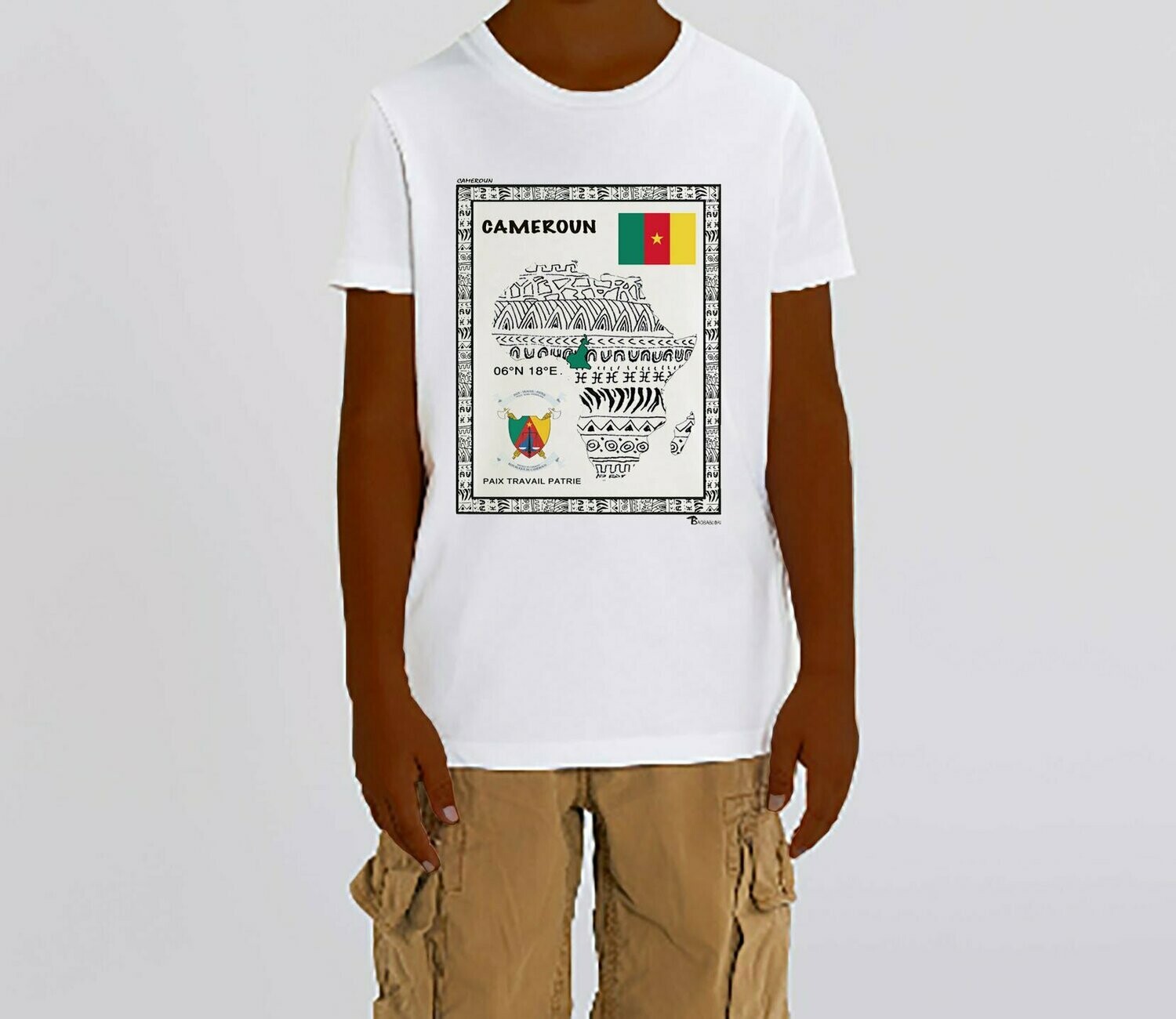 TEE-SHIRT PAYS CAMEROUN, COULEUR: BLANC, FOND MOTIF: BLANC, TAILLE: 2 ANS