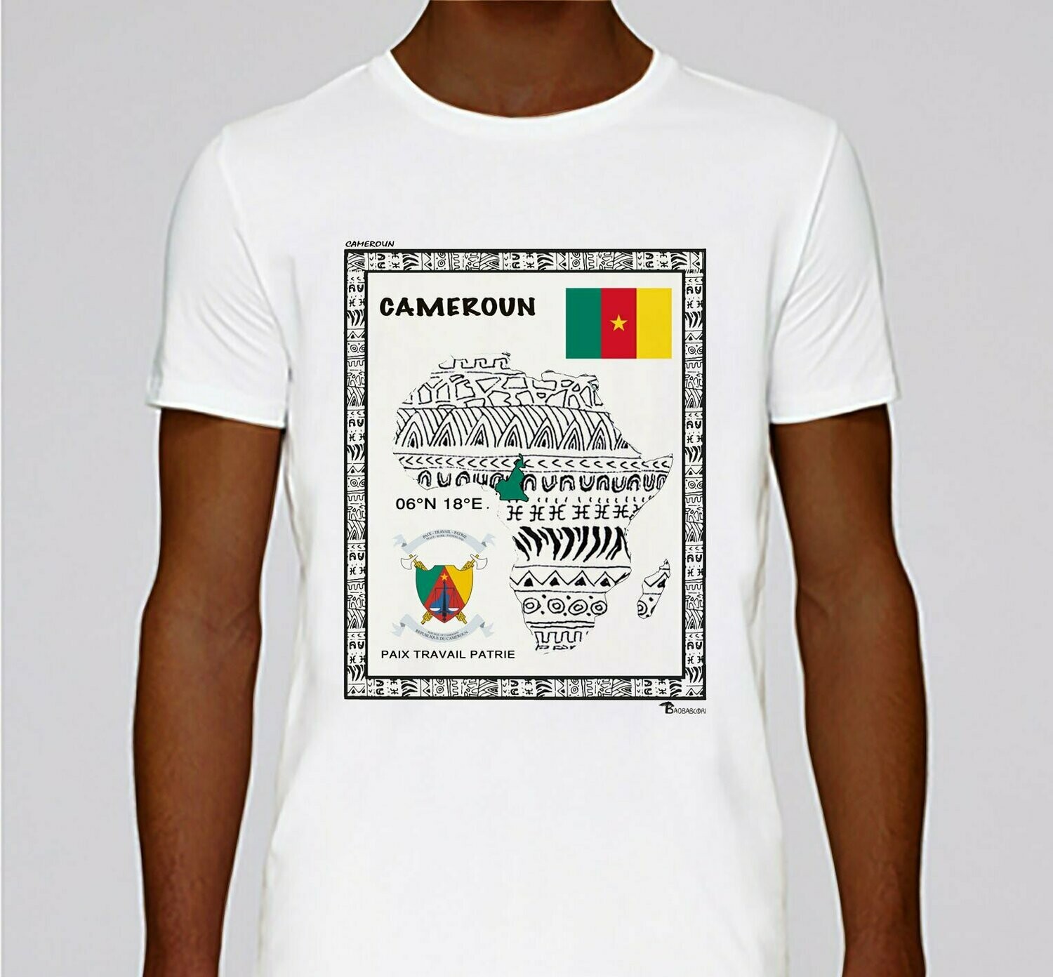 TEE-SHIRT PAYS CAMEROUN, COULEUR: BLANC, FOND MOTIF: BLANC, TAILLE: XXL