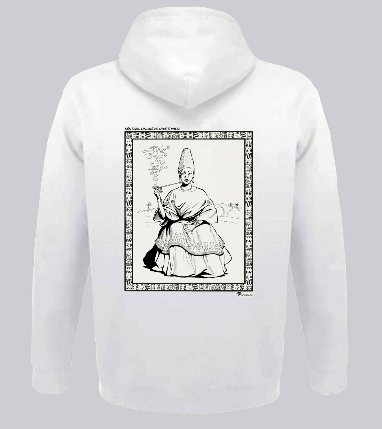 SWEAT A CAPUCHE  PERSONNALITE SENEGAL LINGUERE NDATE YALLA, COULEUR: BLANC, FOND MOTIF: BLANC, TAILLE: XXL