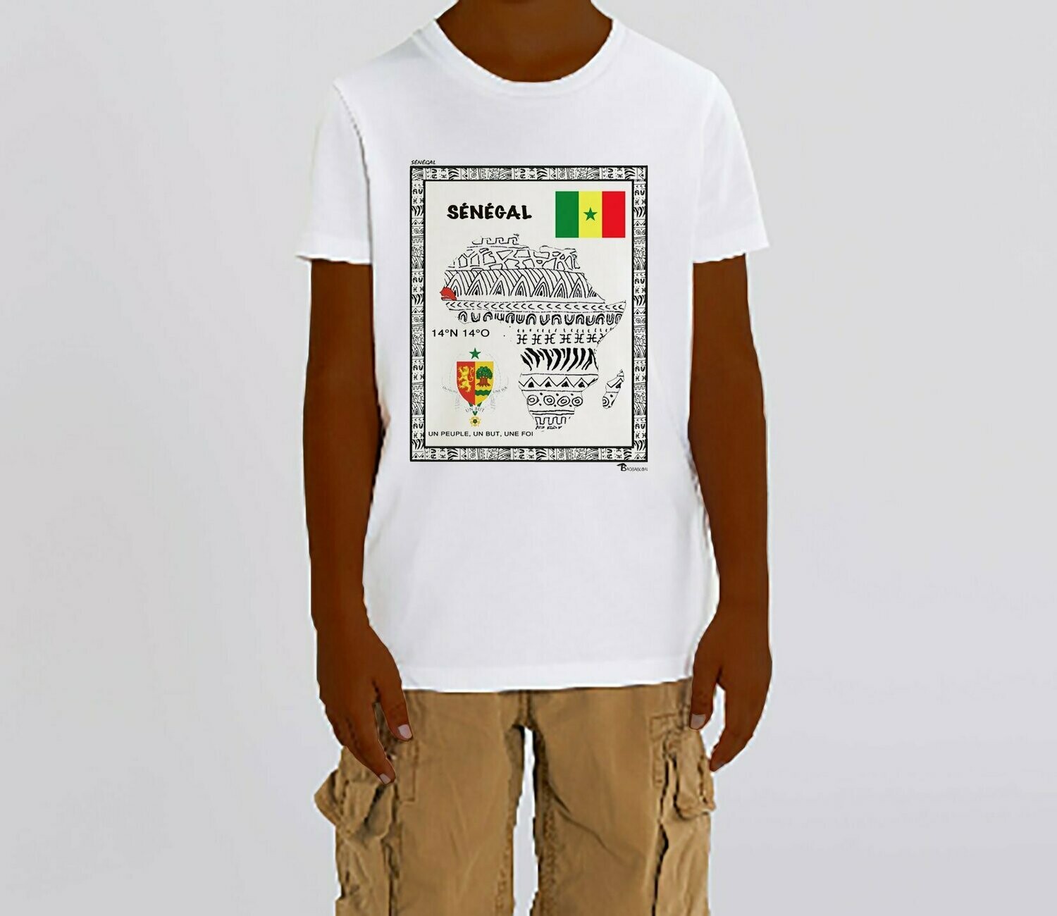 TEE-SHIRT PAYS SENEGAL, COULEUR: BLANC, FOND MOTIF: BLANC, TAILLE: 2 ANS