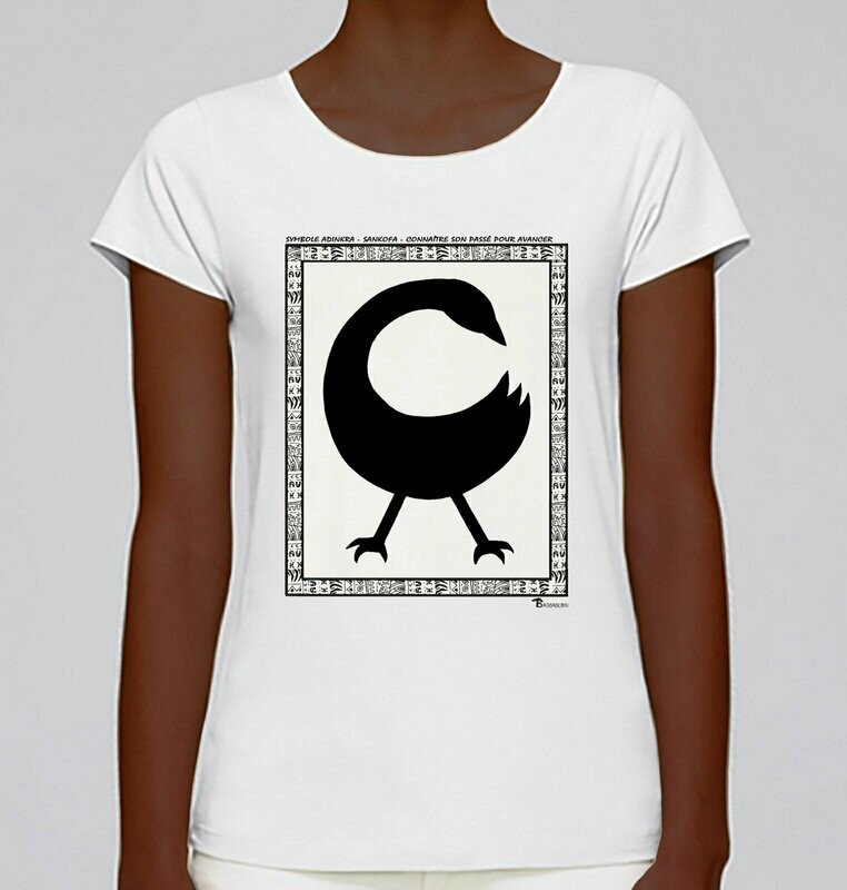 TEE SHIRT SYMBOLE ADINKRA "SANKOFA"  CONNAITRE SON PASSE POUR AVANCER, COULEUR: BLANC, FOND MOTIF: BLANC, TAILLE: XXL