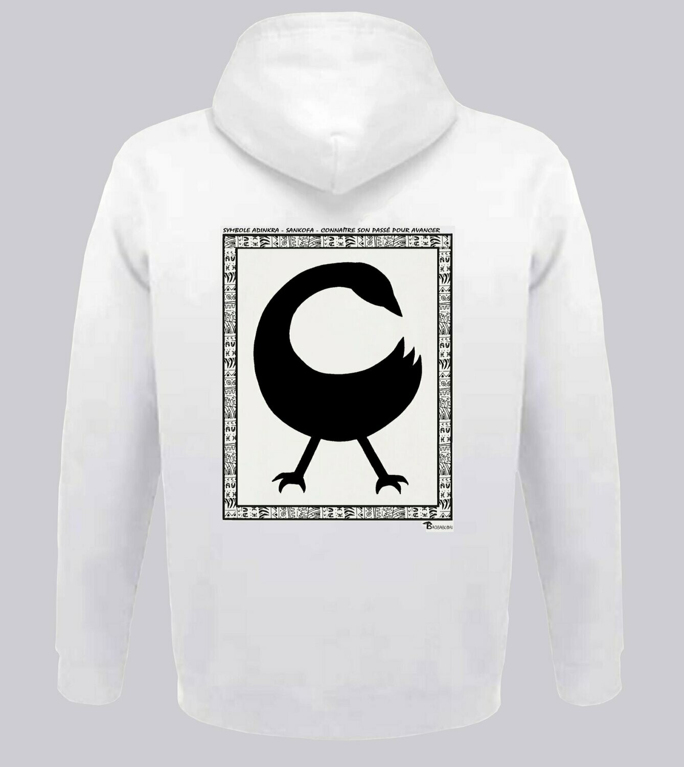 SWEAT A CAPUCHE SYMBOLE ADINKRA "SANKOFA"  CONNAITRE SON PASSE POUR AVANCER, COULEUR: BLANC, FOND MOTIF: BLANC, TAILLE: XXL