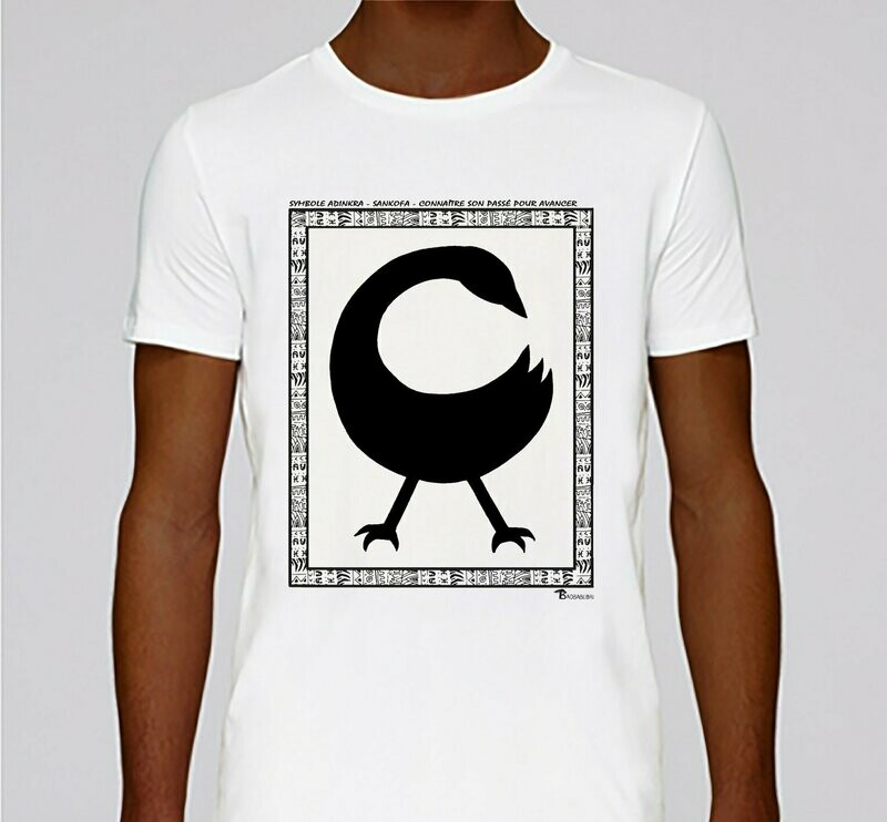 TEE SHIRT SYMBOLE ADINKRA "SANKOFA"  CONNAITRE SON PASSE POUR AVANCER, COULEUR: BLANC, FOND MOTIF: BLANC, TAILLE: XXL