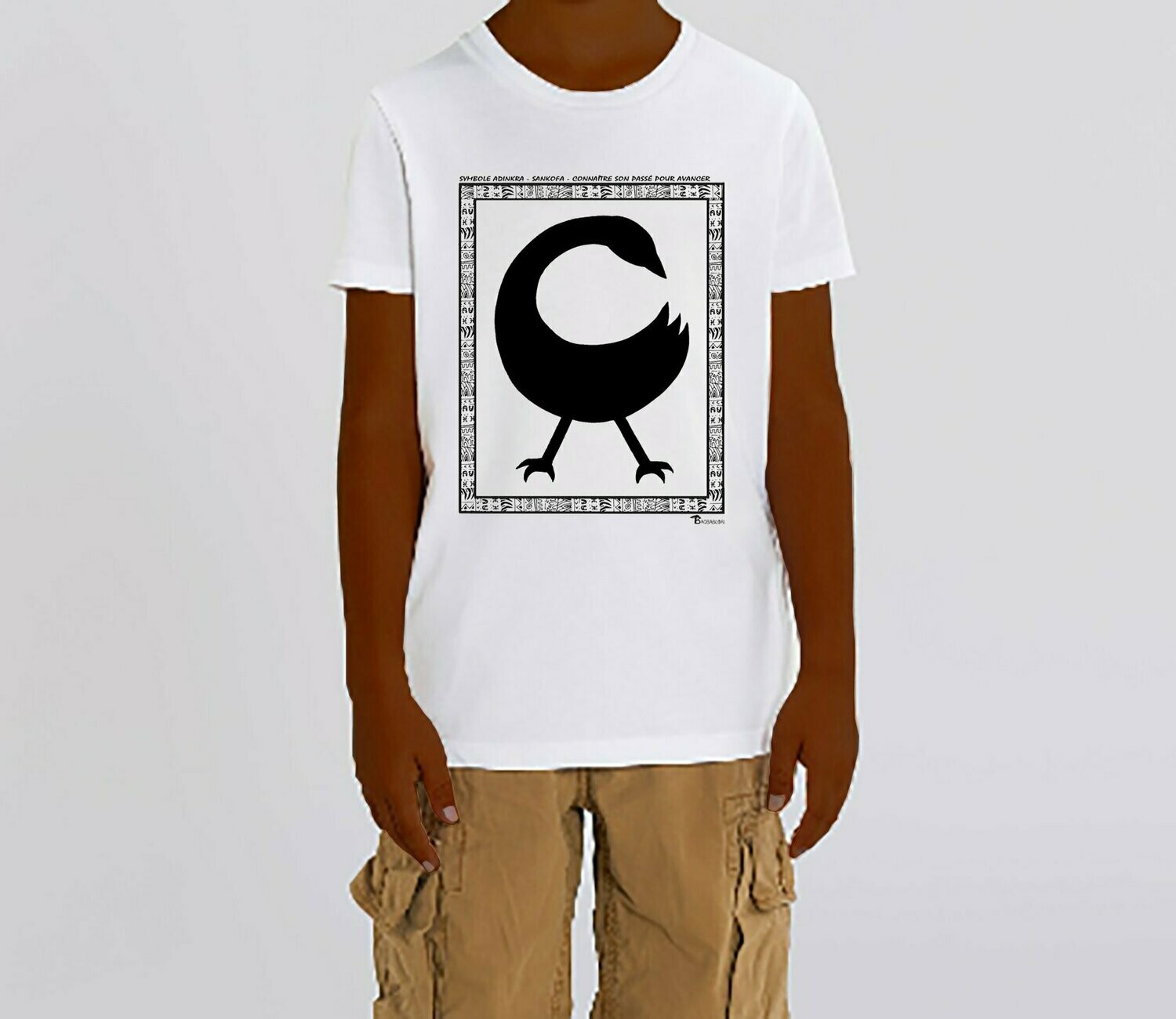 TEE SHIRT SYMBOLE ADINKRA "SANKOFA"  CONNAITRE SON PASSE POUR AVANCER, COULEUR: BLANC, FOND MOTIF: BLANC, TAILLE: 2 ANS