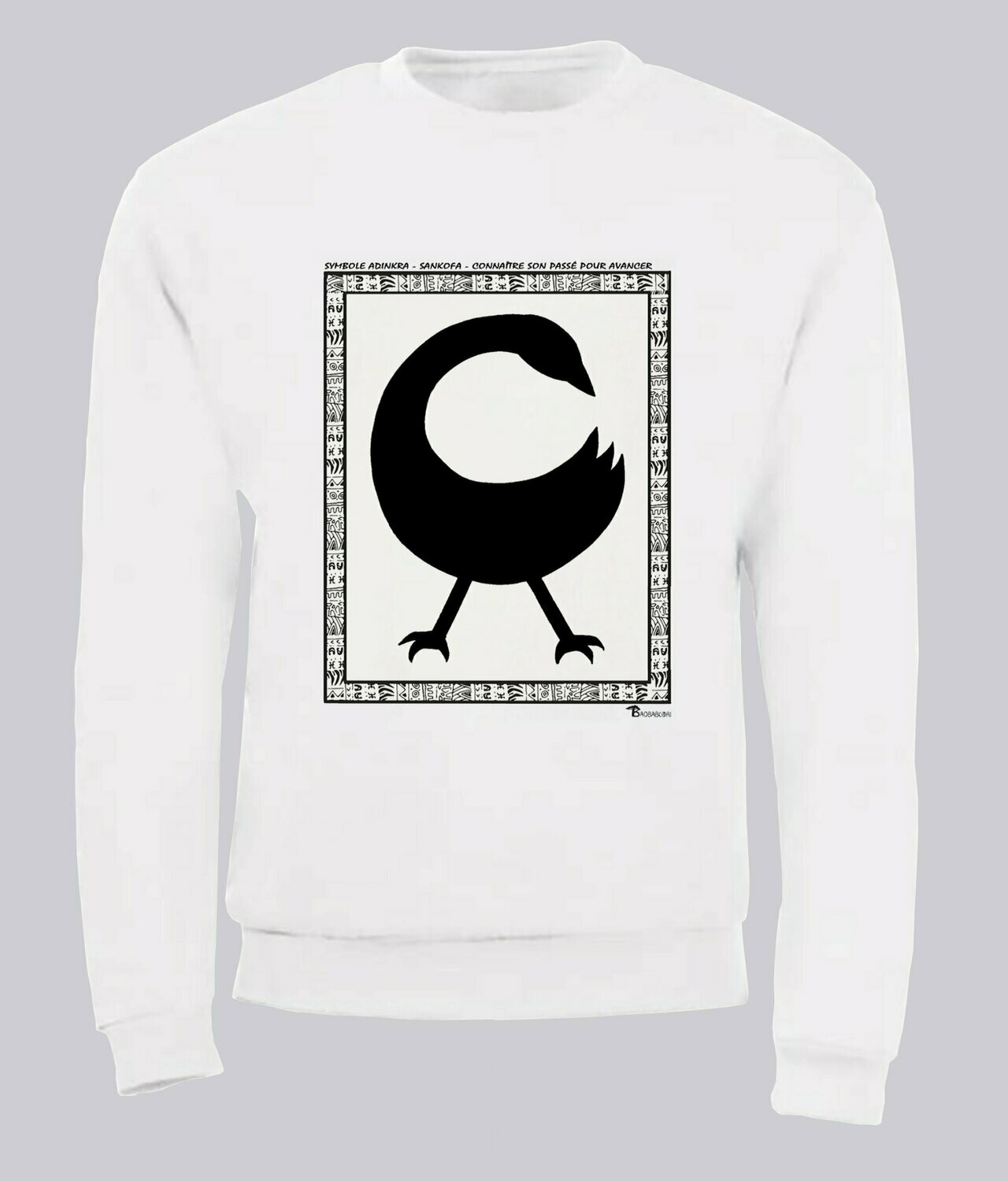 SWEAT  SYMBOLE ADINKRA "SANKOFA"  CONNAITRE SON PASSE POUR AVANCER, COULEUR: BLANC, FOND MOTIF: BLANC, TAILLE: XXL