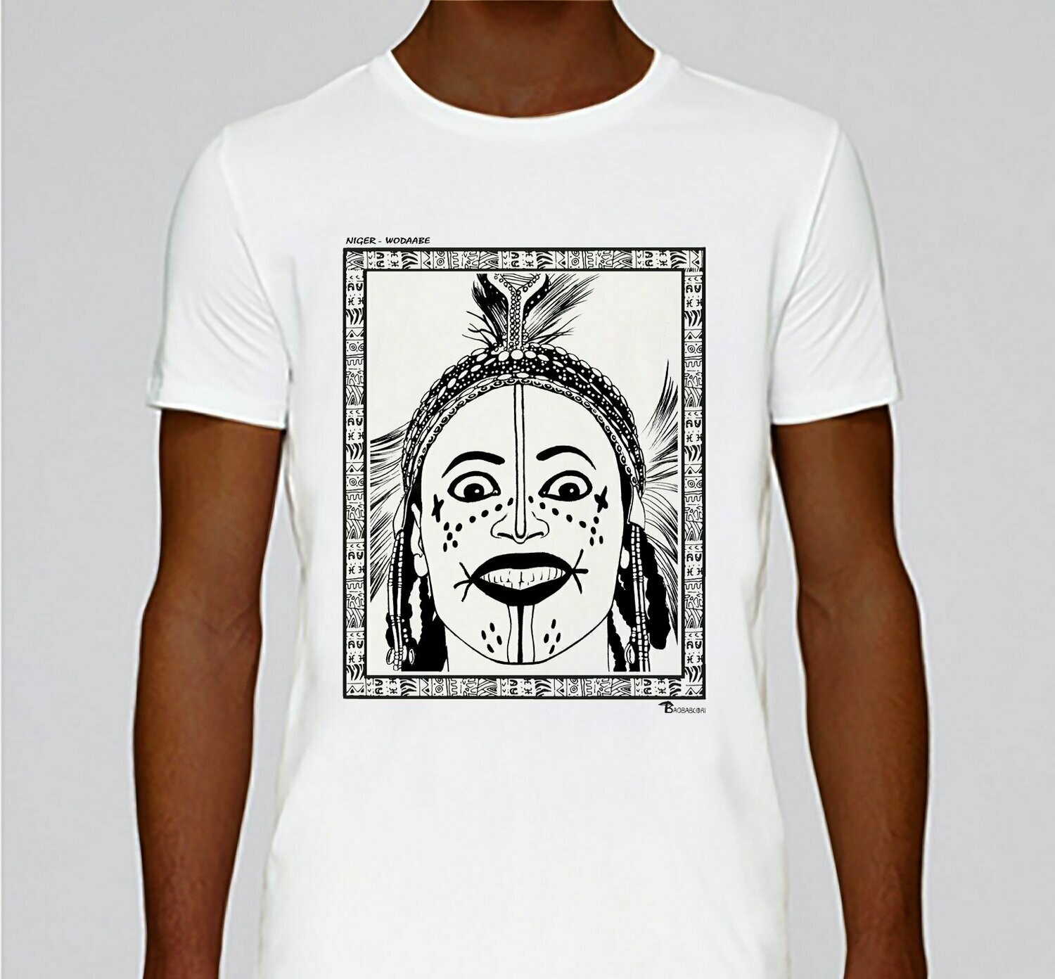 TEE SHIRT FASHION MAQUILLAGE WODAABE NIGER, COULEUR: BLANC, FOND MOTIF: BLANC, TAILLE: XXL