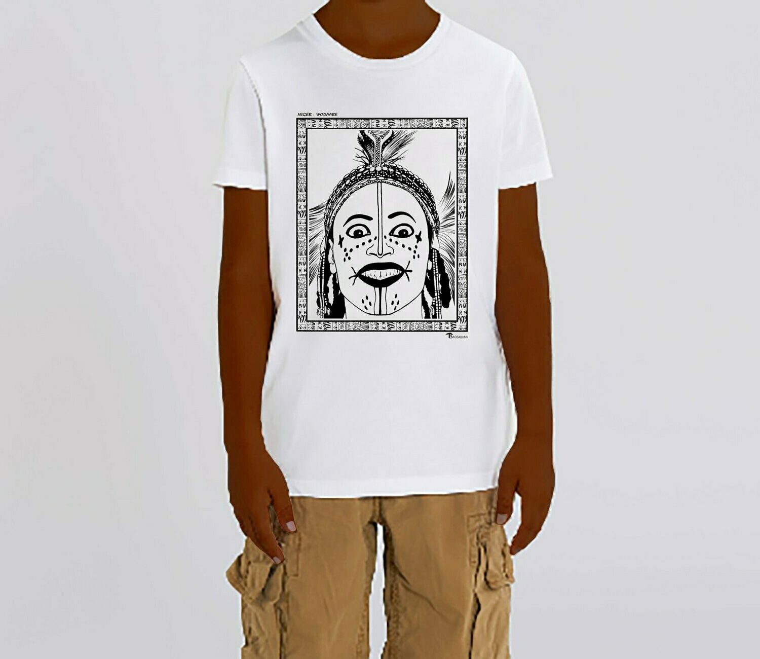TEE SHIRT FASHION MAQUILLAGE WODAABE NIGER, COULEUR: BLANC, FOND MOTIF: BLANC, TAILLE: 2 ANS