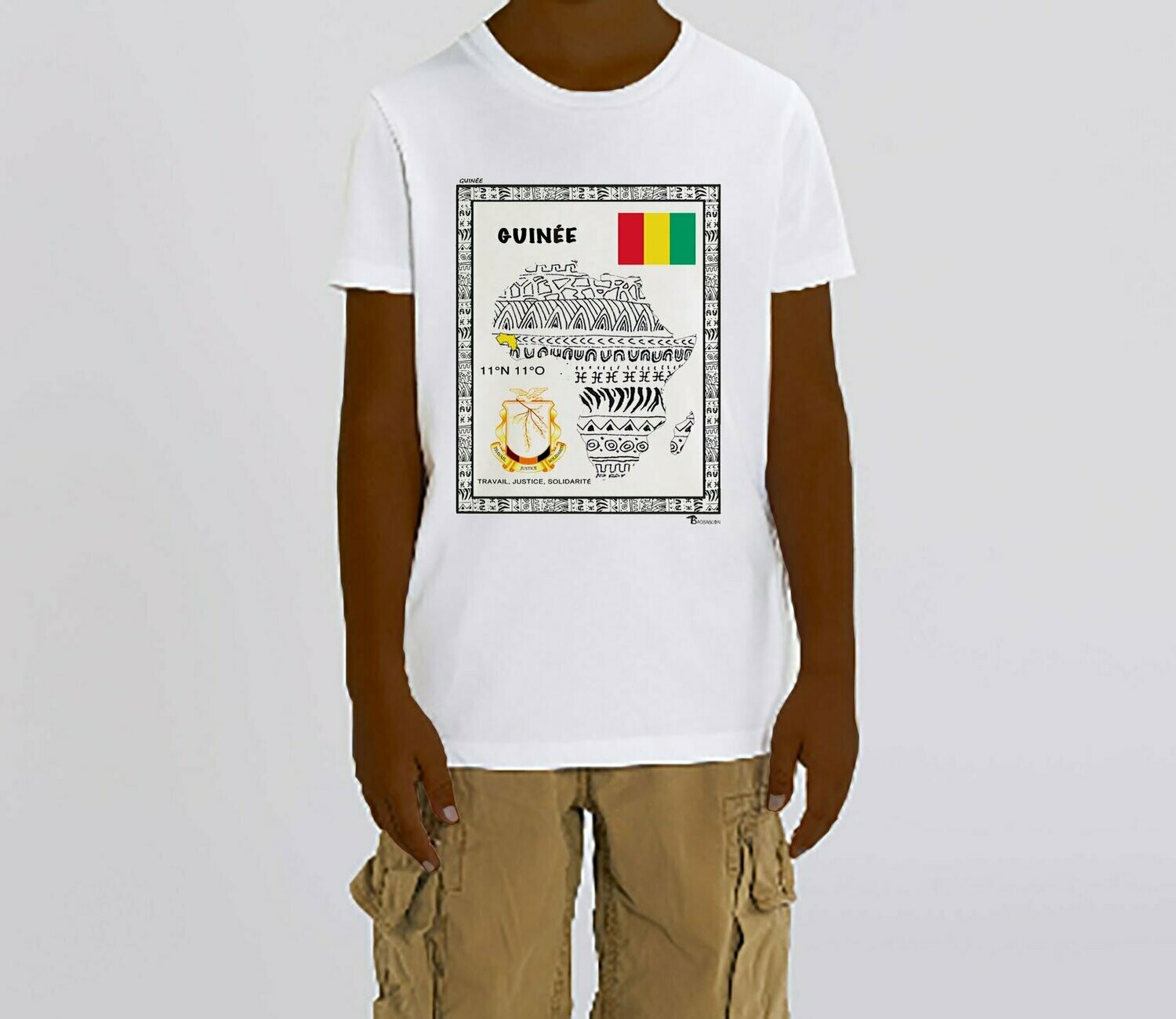 TEE-SHIRT PAYS GUINEE, COULEUR: BLANC, FOND MOTIF: BLANC, TAILLE: 2 ANS