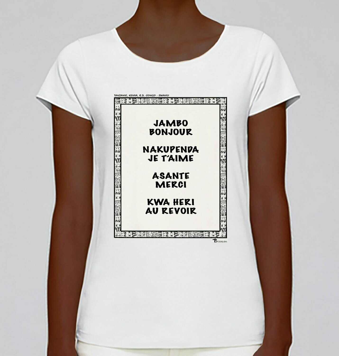 TEE SHIRT LANGUE SWAHILI, COULEUR: BLANC, FOND MOTIF: BLANC, TAILLE: XXL