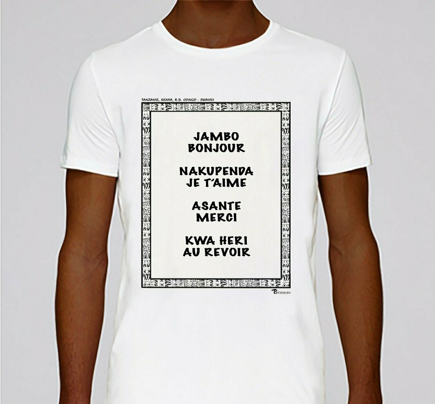 TEE SHIRT LANGUE SWAHILI, COULEUR: BLANC, FOND MOTIF: BLANC, TAILLE: XXL