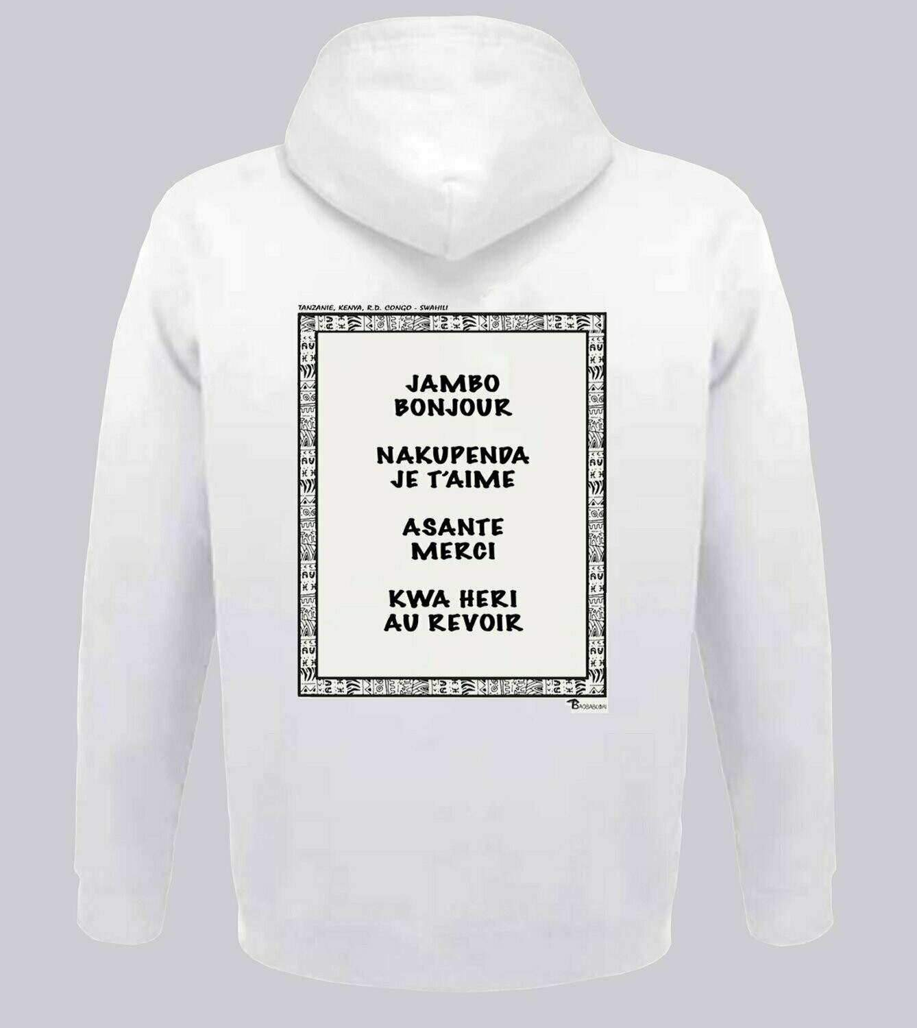 SWEAT A CAPUCHE LANGUE SWAHILI, COULEUR: BLANC, FOND MOTIF: BLANC, TAILLE: XXL