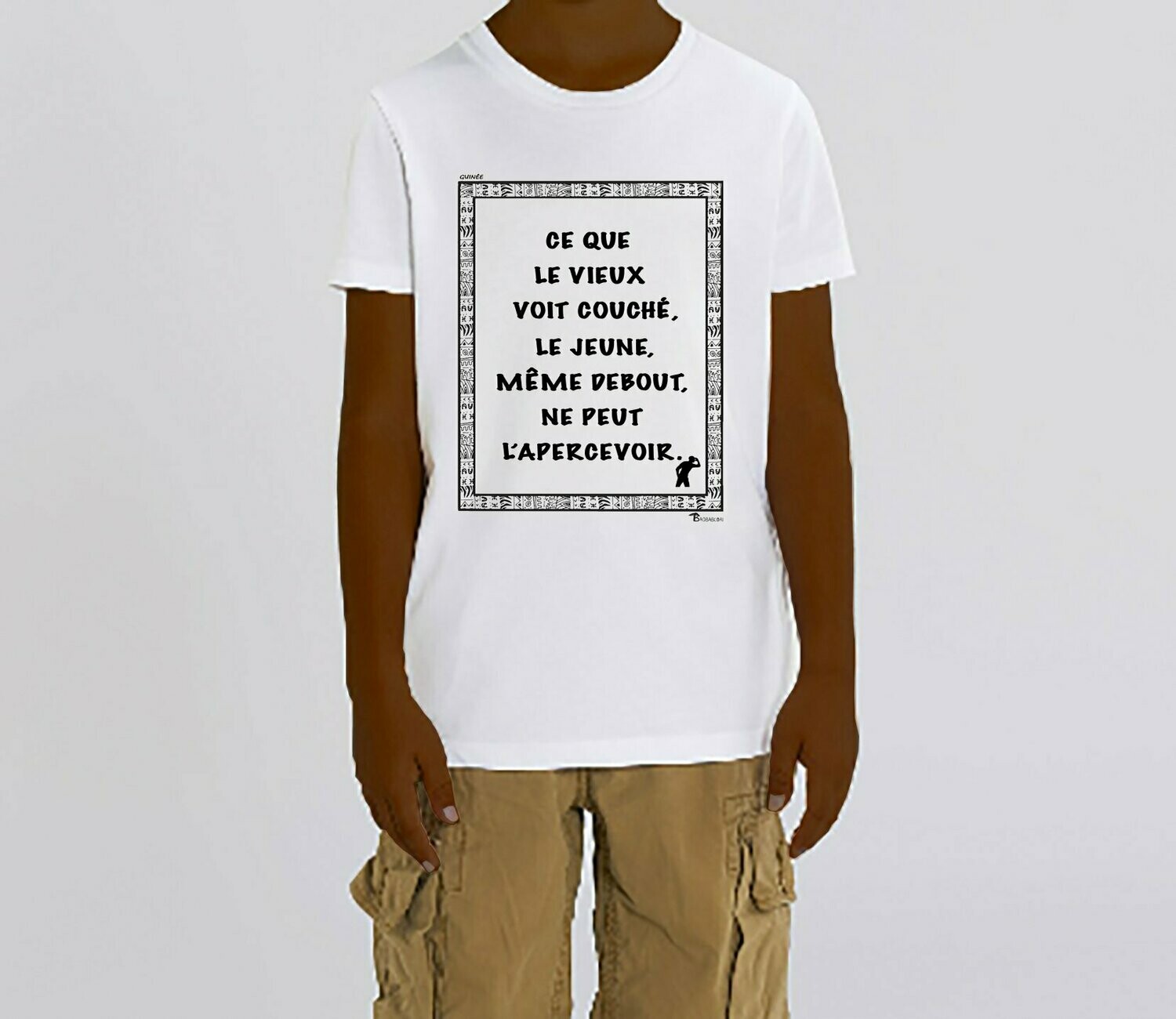 TEE SHIRT PROVERBE ET CITATION GUINEE VIEUX, COULEUR: BLANC, FOND MOTIF: BLANC, TAILLE: 2 ANS