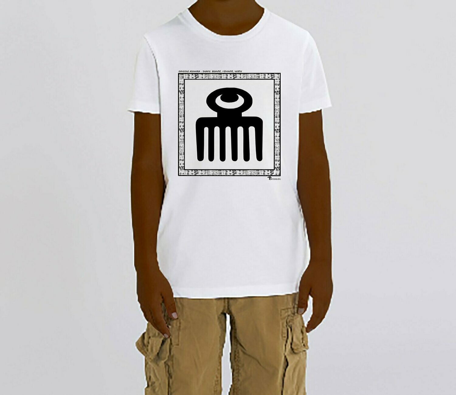 TEE SHIRT SYMBOLE ADINKRA "DUAFE" BEAUTE FEMINITE VERTU, COULEUR: BLANC, FOND MOTIF: BLANC, TAILLE: 2 ANS