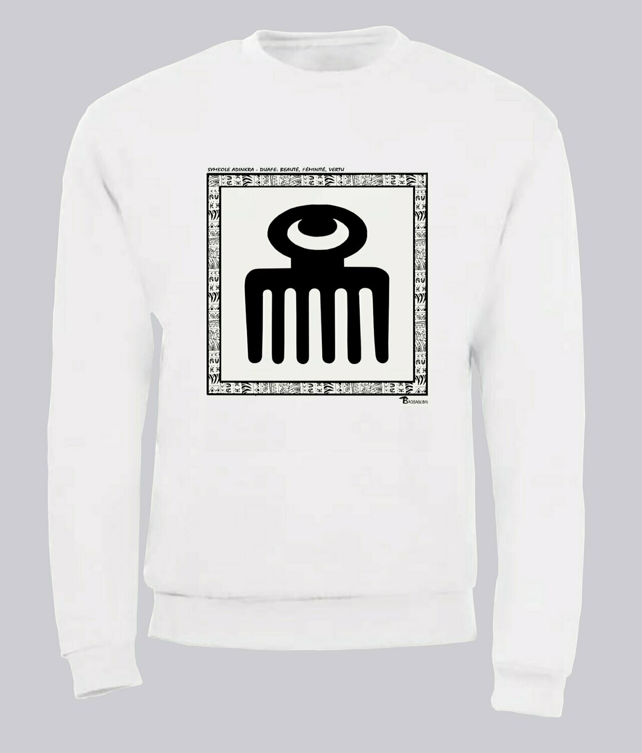 SWEAT  SYMBOLE ADINKRA "NEA OPE SE OBEDI HENE" SERVICE ET LEADERSHIP, COULEUR: BLANC, FOND MOTIF: BLANC, TAILLE: XXL