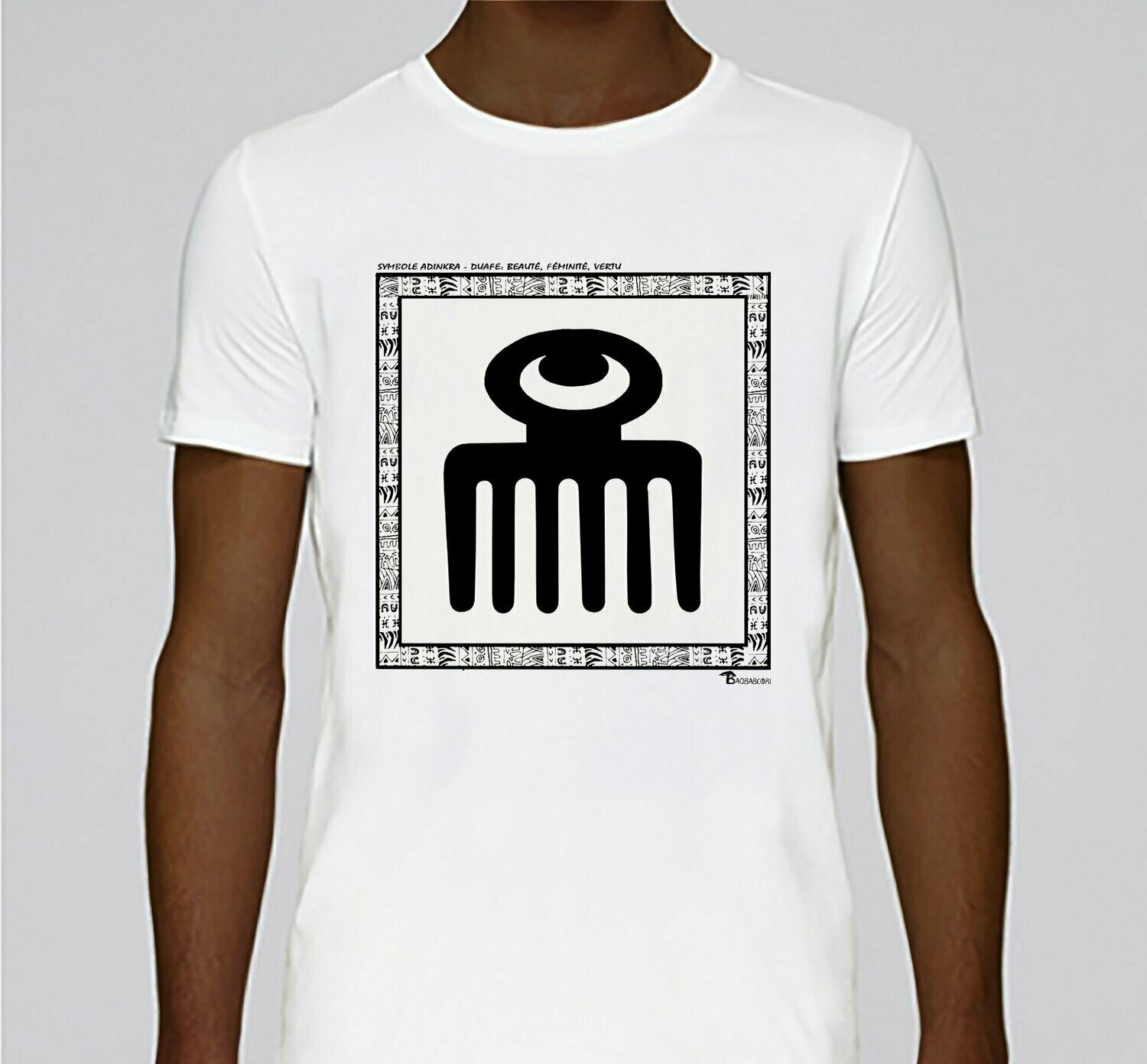 TEE SHIRT SYMBOLE ADINKRA "DUAFE" BEAUTE FEMINITE VERTU, COULEUR: BLANC, FOND MOTIF: BLANC, TAILLE: XXL