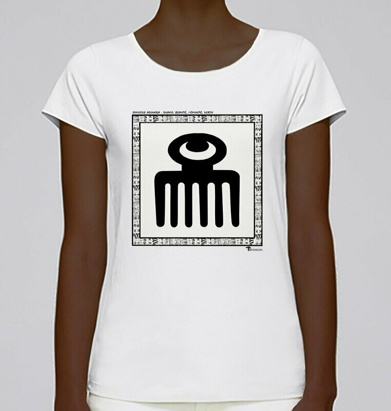 TEE-SHIRT SYMBOLE ADINKRA "DUAFE" BEAUTE FEMINITE VERTU, COULEUR: BLANC, FOND MOTIF: BLANC, TAILLE: XXL