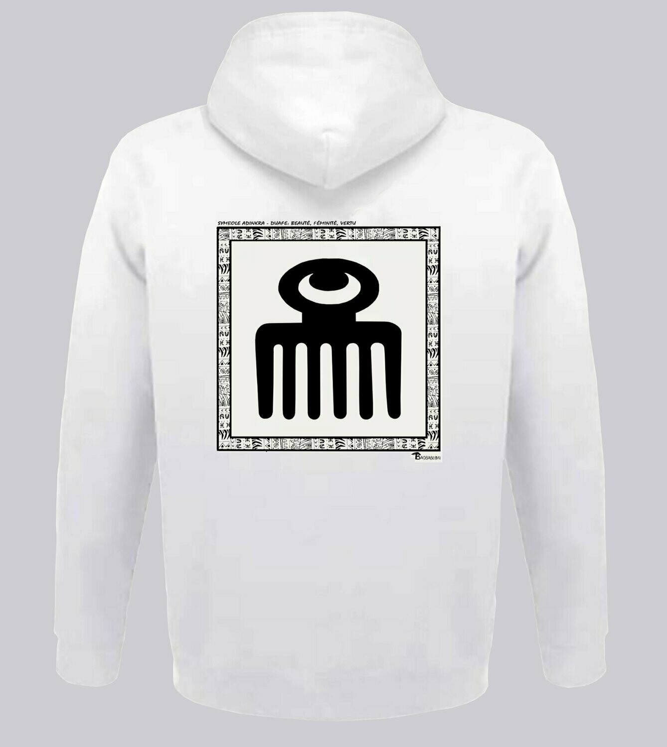 SWEAT A CAPUCHE SYMBOLE ADINKRA "DUAFE" BEAUTE FEMINITE VERTU, COULEUR: BLANC, FOND MOTIF: BLANC, TAILLE: XXL