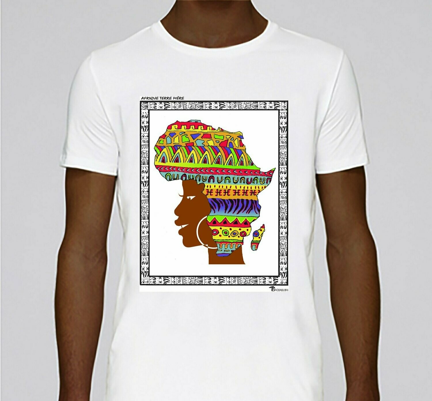 TEE SHIRT FREESTYLE ART "AFRIQUE TERRE MÈRE", COULEUR: BLANC, FOND MOTIF: BLANC, TAILLE: XXL