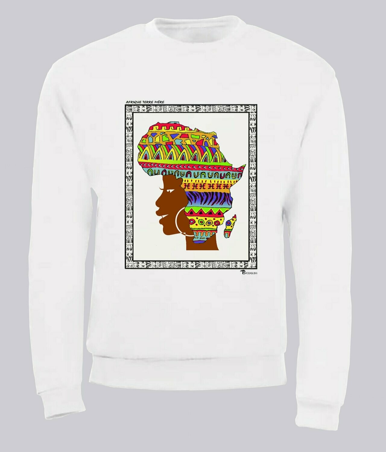 SWEAT FREESTYLE ART "AFRIQUE TERRE MÈRE", COULEUR: BLANC, FOND MOTIF: BLANC, TAILLE: XXL