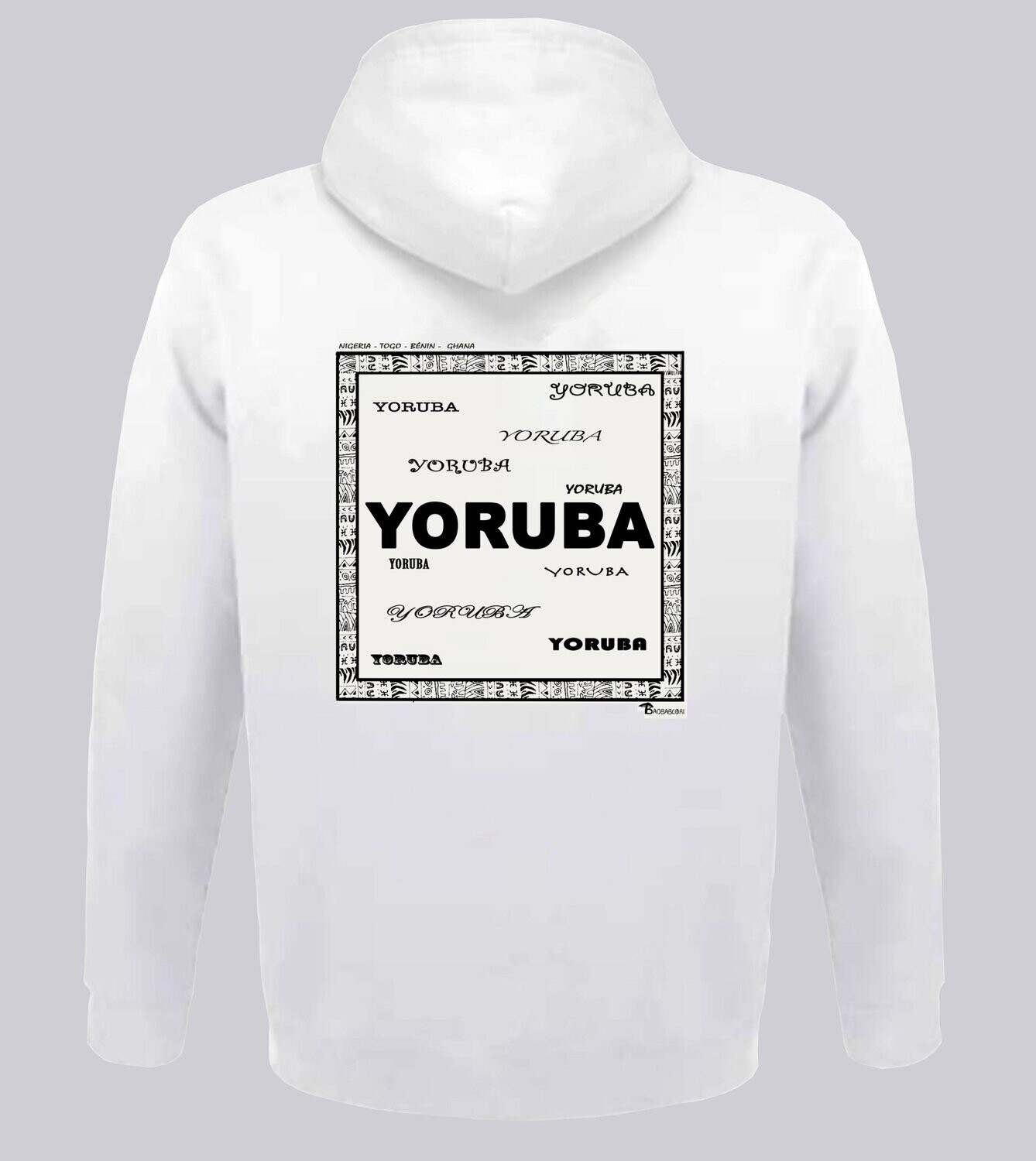 SWEAT A CAPUCHE RACINE YOROUBA, COULEUR: BLANC, FOND MOTIF: BLANC, TAILLE: XXL