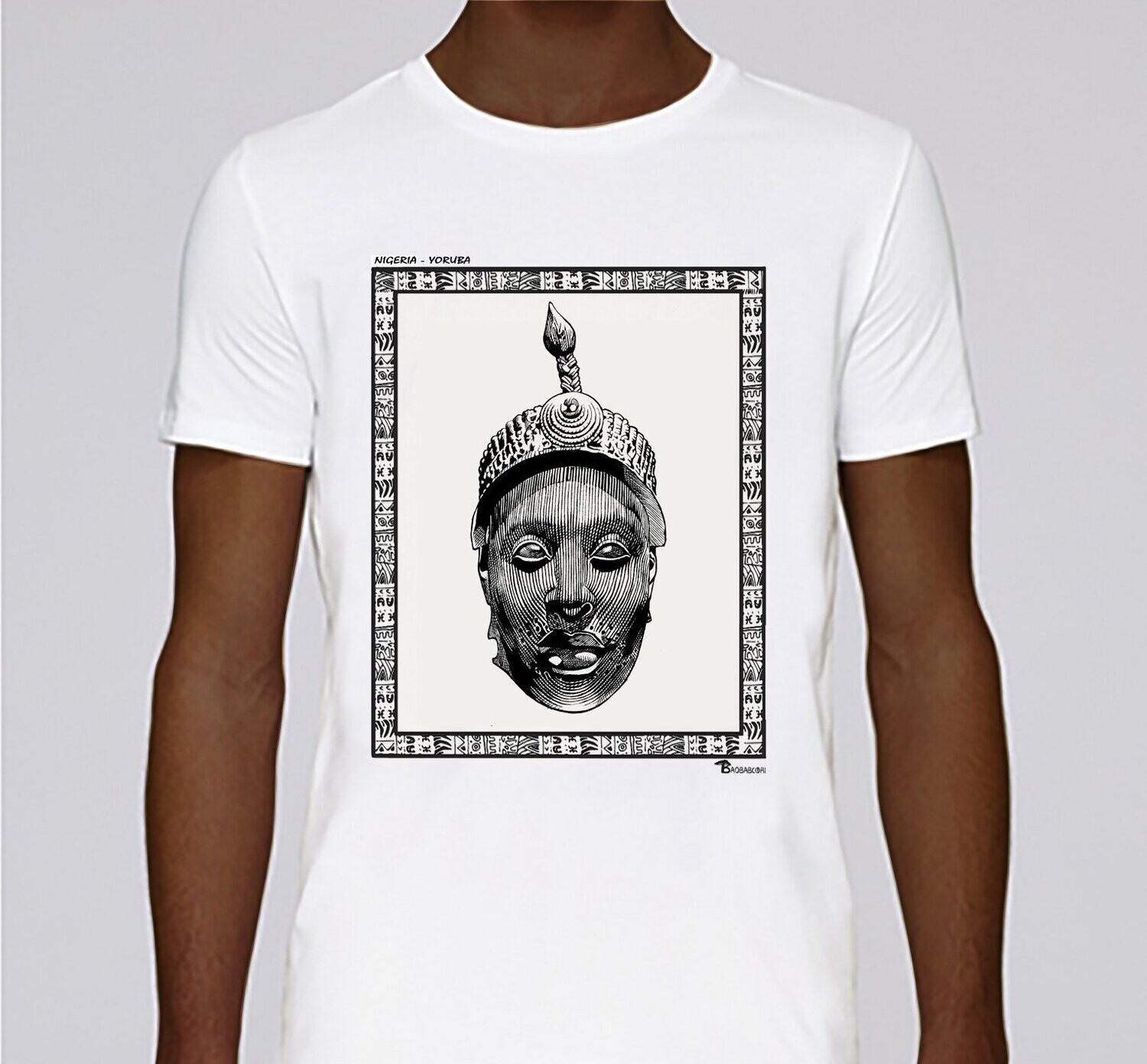 TEE SHIRT STATUE YOROUBA IFE NIGERIA, COULEUR: BLANC, FOND MOTIF: BLANC, TAILLE: XXL
