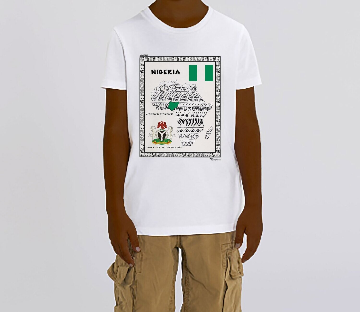 TEE-SHIRT PAYS NIGERIA, COULEUR: BLANC, FOND MOTIF: BLANC, TAILLE: 2 ANS