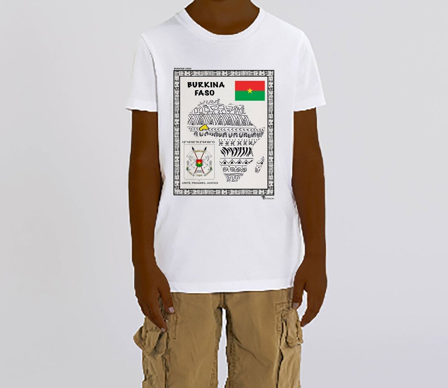 TEE-SHIRT PAYS BURKINA FASO, COULEUR: BLANC, FOND MOTIF: BLANC, TAILLE: 2 ANS