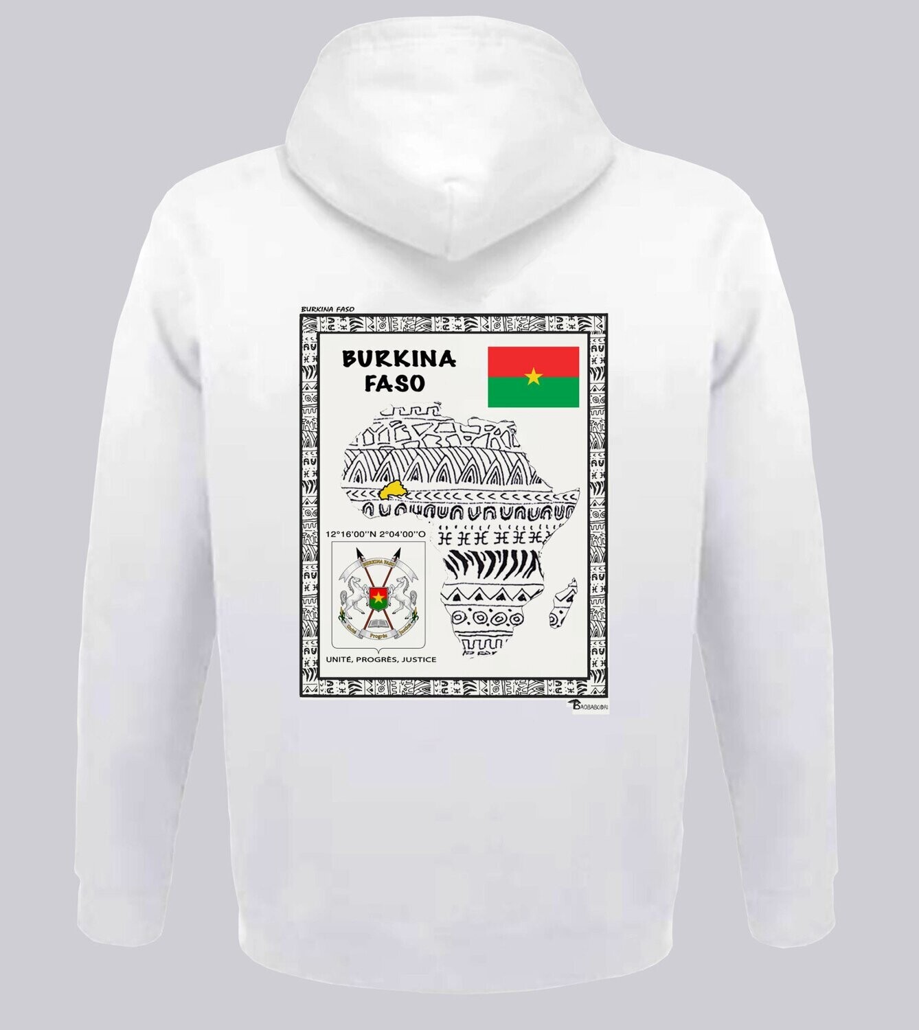 SWEAT A CAPUCHE  PAYS BURKINA FASO, COULEUR: BLANC, FOND MOTIF: BLANC, TAILLE: XXL