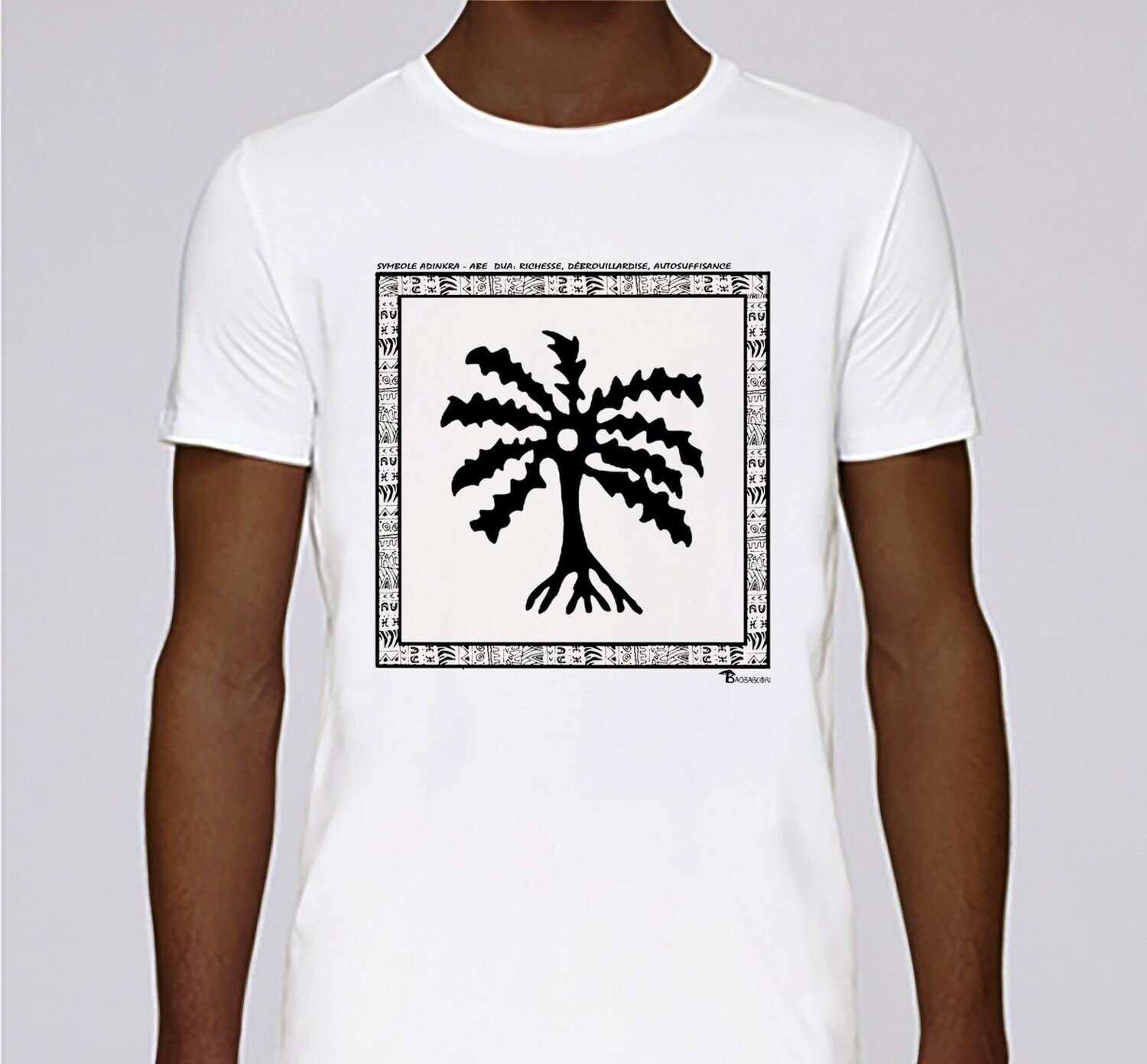 TEE SHIRT SYMBOLE ADINKRA "ABE DUA" RICHESSE DEBROUILLARDISE  AUTOSUFFISANCE, COULEUR: BLANC, FOND MOTIF: BLANC, TAILLE: XXL