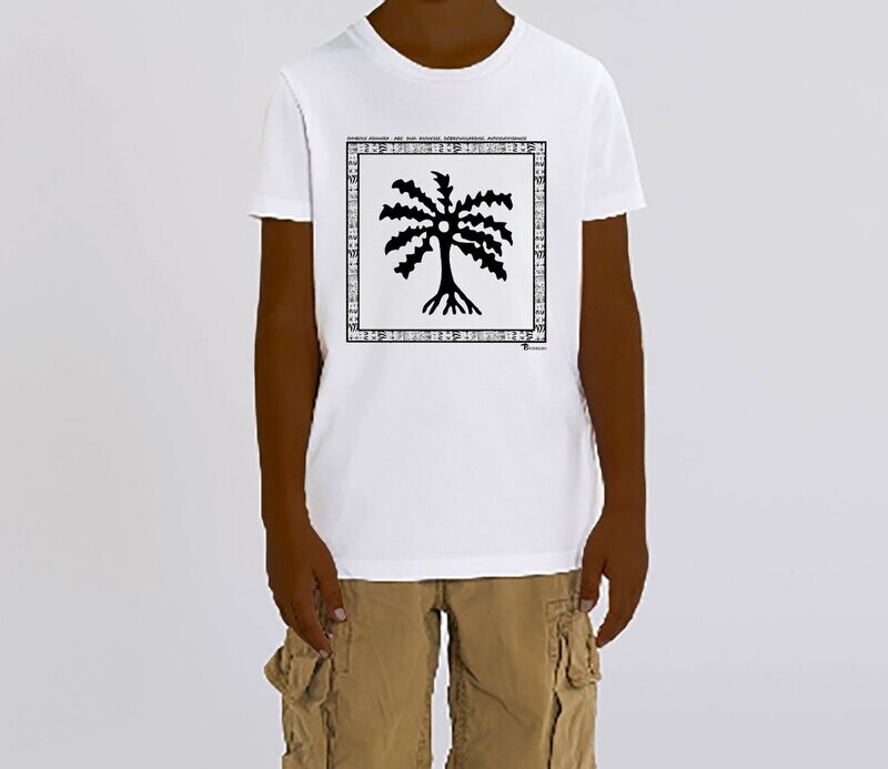 TEE SHIRT SYMBOLE ADINKRA "ABE DUA" RICHESSE DEBROUILLARDISE  AUTOSUFFISANCE, COULEUR: BLANC, FOND MOTIF: BLANC, TAILLE: 2 ANS