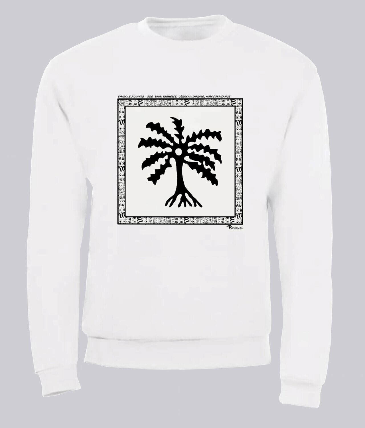 SWEAT  SYMBOLE ADINKRA "ABE DUA" RICHESSE DEBROUILLARDISE  AUTOSUFFISANCE, COULEUR: BLANC, FOND MOTIF: BLANC, TAILLE: XXL