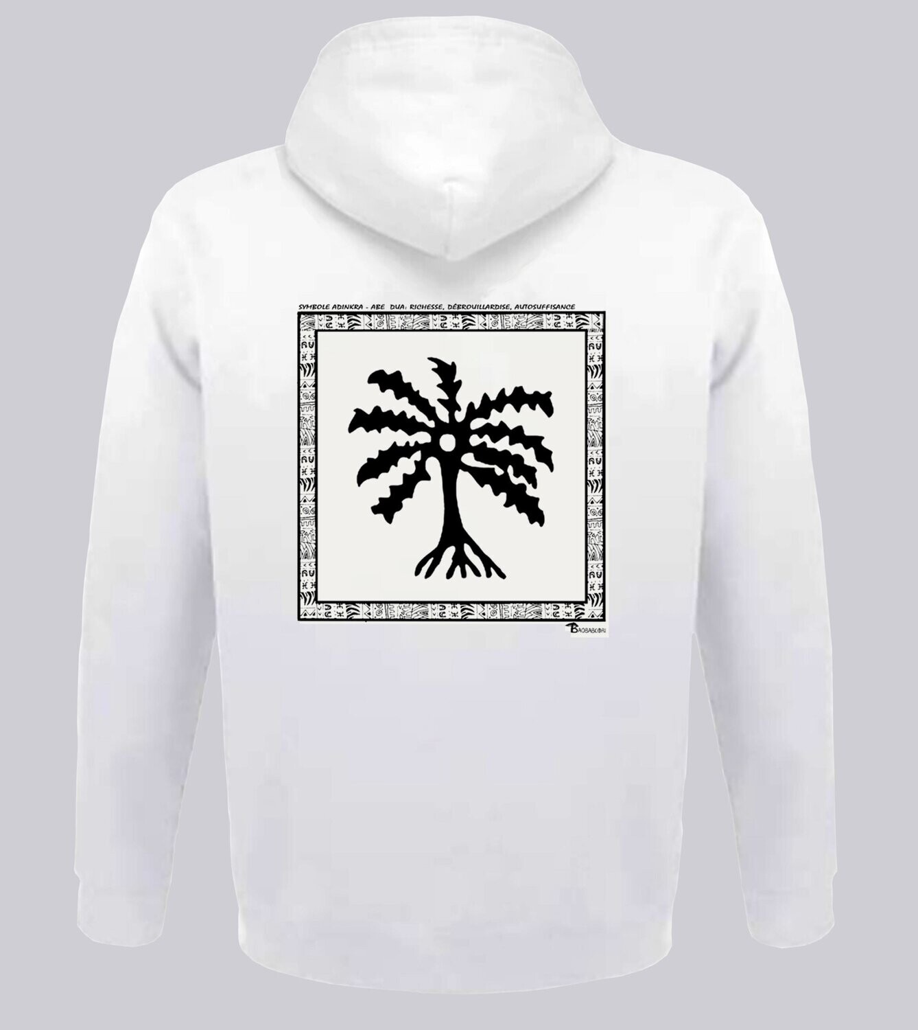 SWEAT A CAPUCHE SYMBOLE ADINKRA "ABE DUA" RICHESSE DEBROUILLARDISE  AUTOSUFFISANCE, COULEUR: BLANC, FOND MOTIF: BLANC, TAILLE: XXL