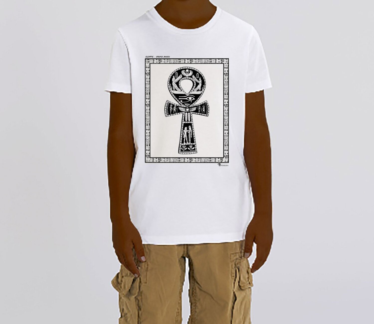 TEE SHIRT FASHION BIJOUX CROIX DE ANKH EGYPTE, COULEUR: BLANC, FOND MOTIF: BLANC