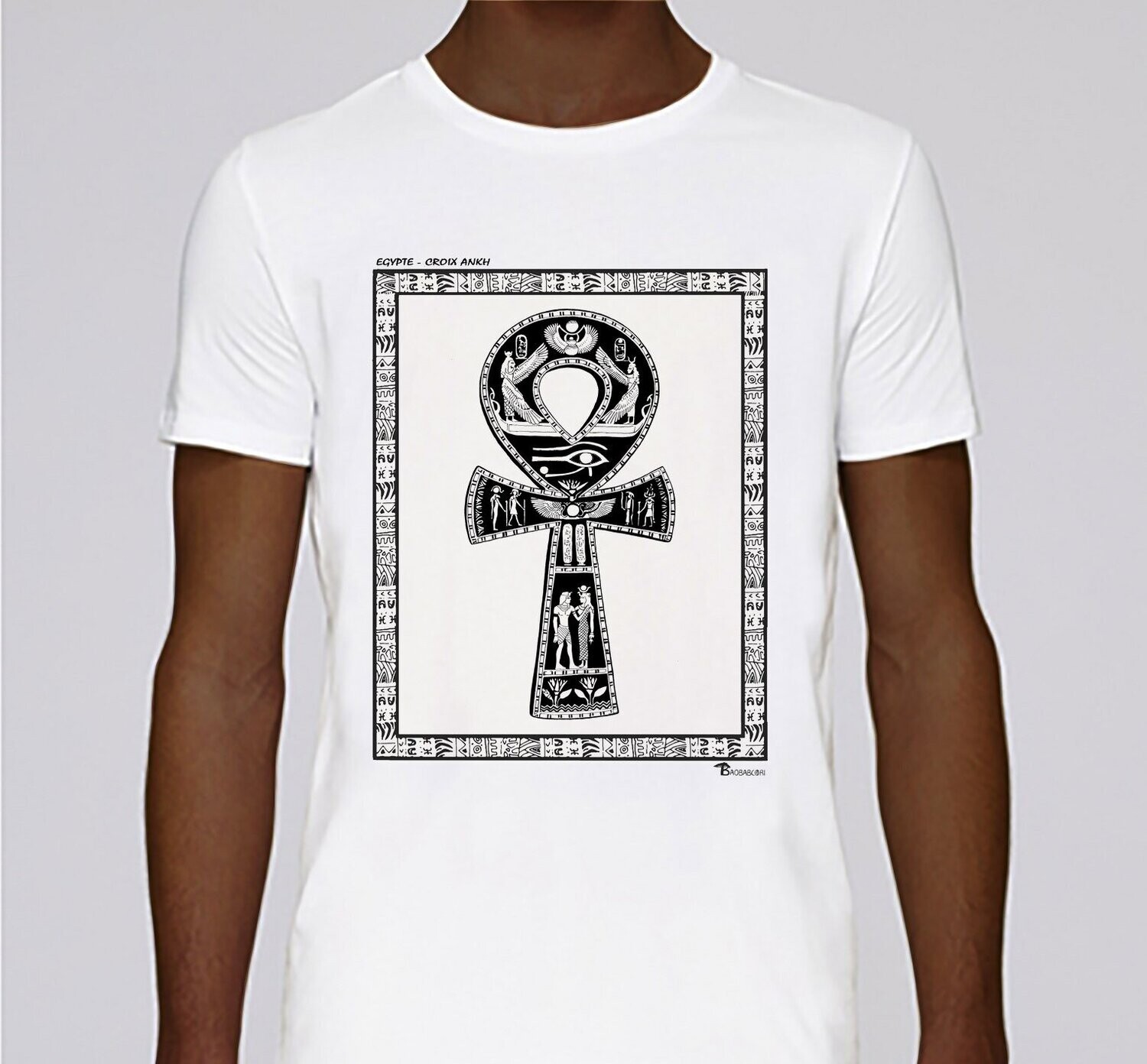 TEE SHIRT FASHION BIJOUX CROIX DE ANKH EGYPTE, COULEUR: BLANC, FOND MOTIF: BLANC